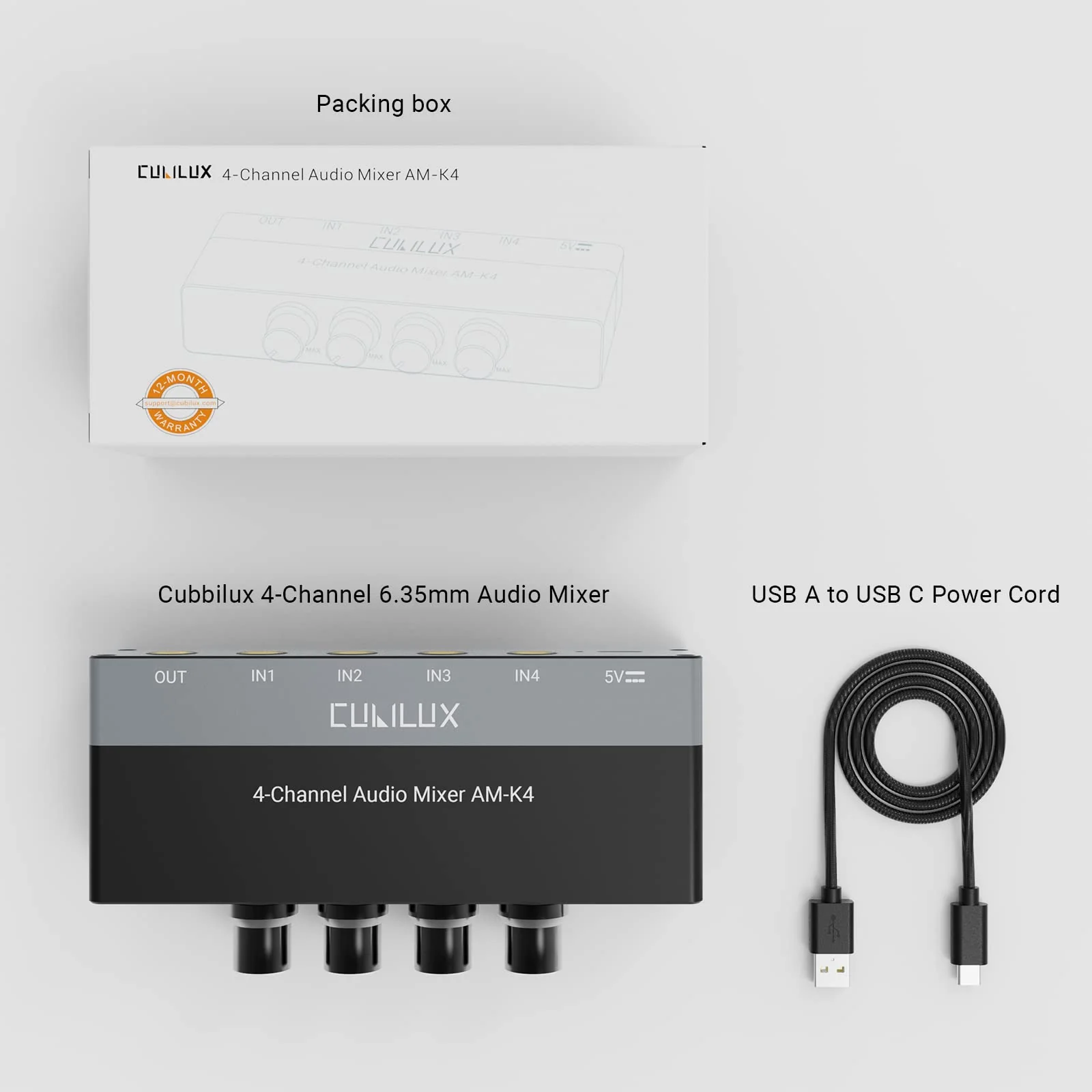 Cubilux AM-K4 6.35mm Stereo Audio Mixer, Ultra-Low Noise 4-Channel 1/4 AUX Mixer, USB C Powered Quarter Inch Mixer with Volume Control - Image 6