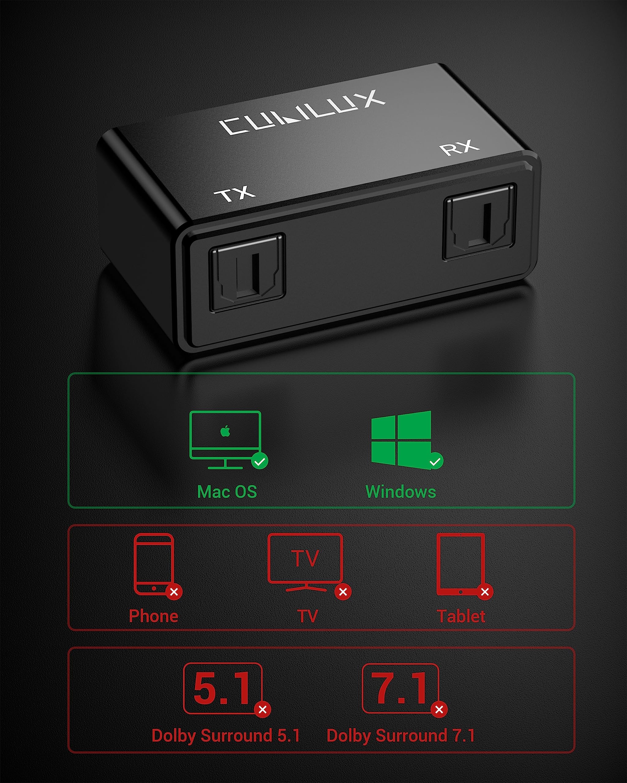 Cubilux UCSTR-B3 USB to SPDIF Input Output Adapter, 2-in-1 USB to TOSLINK Optical Transmitter Receiver Compatible with MacBook, Laptop, Computer, PC, Stereo Sound ONLY, NOT for Phone or Tablet - Image 6