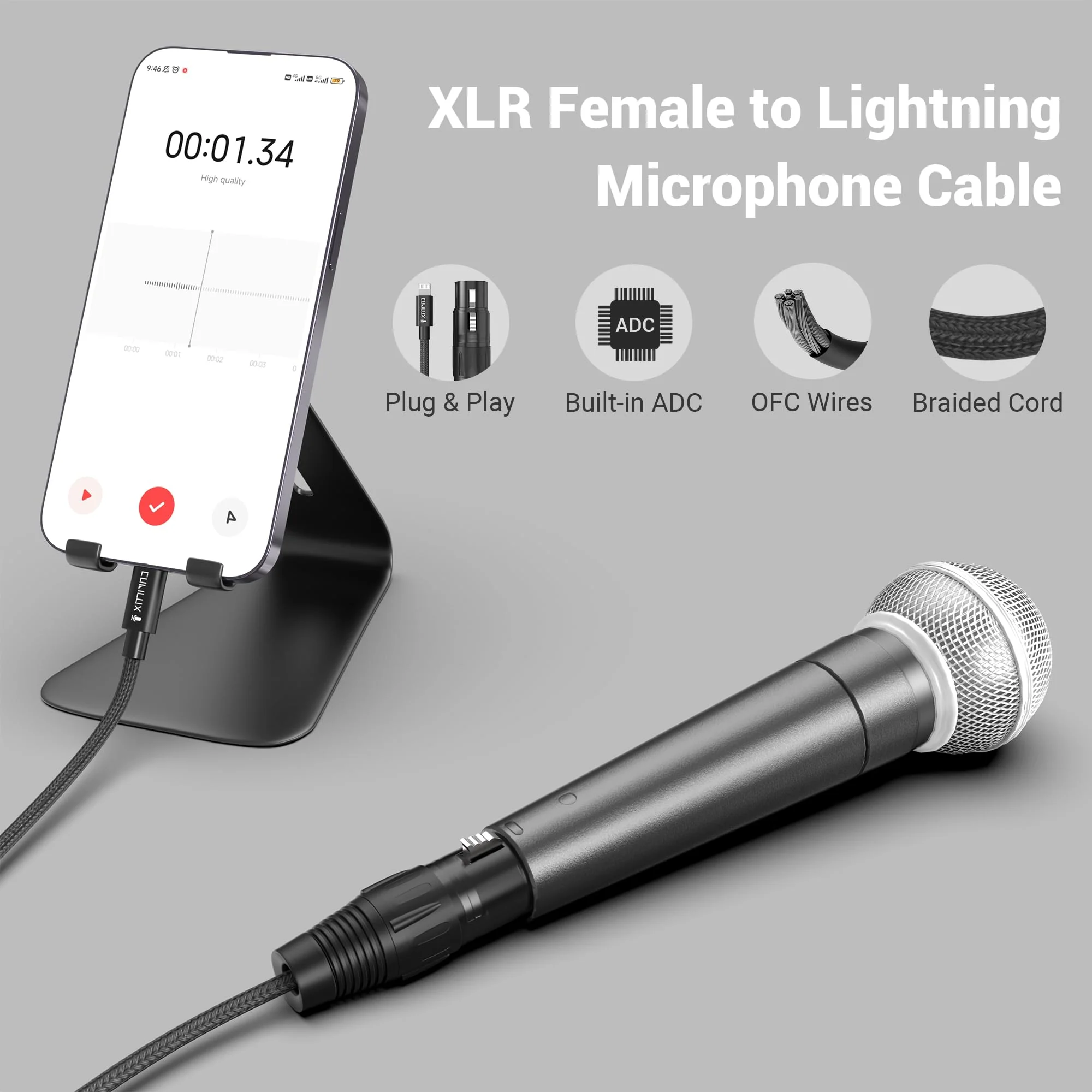 Cubilux XLR Female to Lightning Microphone Cable for Recording, Karaoke, XLR Dynamic Microphone/XLR Lapel Microphone to Lightning braided cable for iPhone 14/13/12 pro max, iPad 9/8/7, iPod, 2m/6.5FT - Image 3