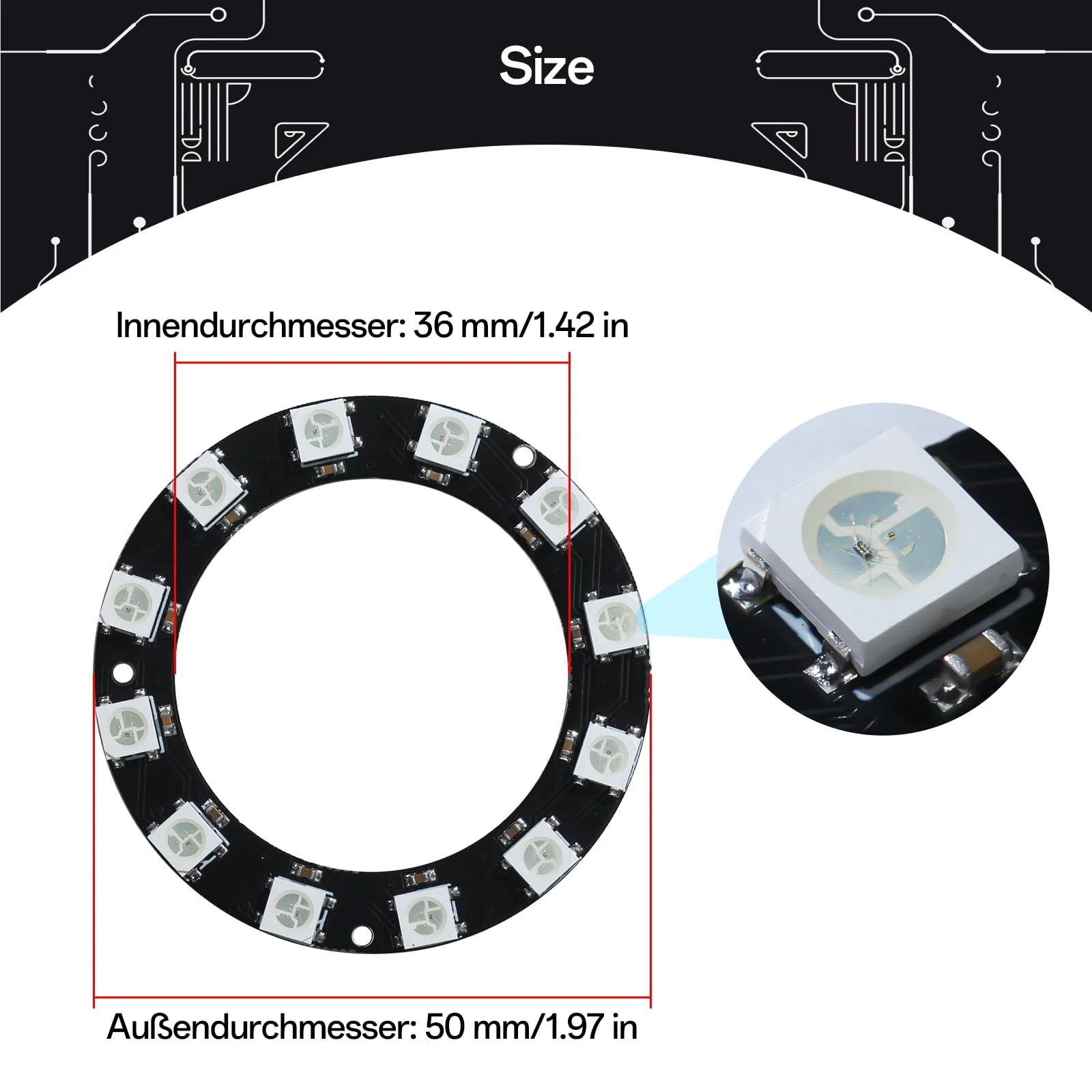 CUQI WS2812 RGB LED Ring 12 Bit Individually Addressable WS2812 LED 50 mm Diameter for Arduino, Raspberry Pi, DIY Projects 12-Bit Black - Image 5
