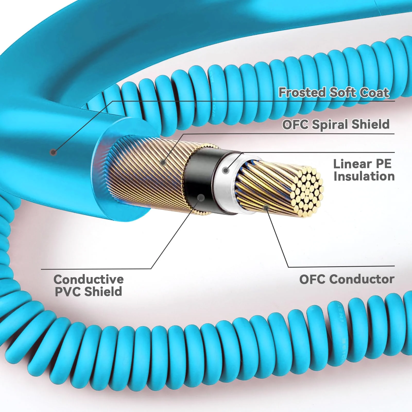 Curly Guitar Cable 30ft, Coil Electric Instrument Guitar Bass Cord AMP Lead 1/4 Straight to Angled Light Blue Straight-Angled - Image 3