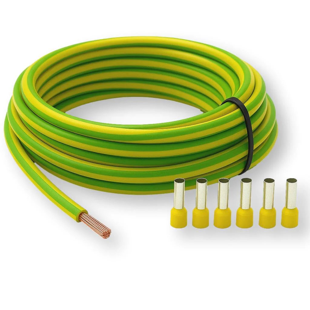 CusoTec Grounding Cable 6 mm² Green/Yellow with 6 Wire End Ferrules H07V-K Core Cable Grounding Cable Flexible Fine-Strand (5-30 m) (5 Metres) 5 Meter