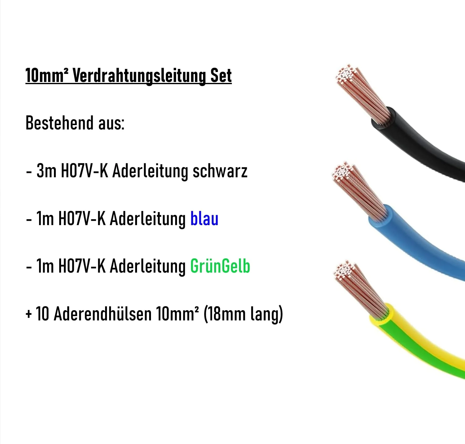 CusoTec Wiring Cable Set 10 mm² Single Core Cable Wiring Bridges for Meter Space Black 3 m - Blue 1 m - Green Yellow 1 m + 10 Wire End Ferrules (10 mm² Set) 10 mm² set - Image 2