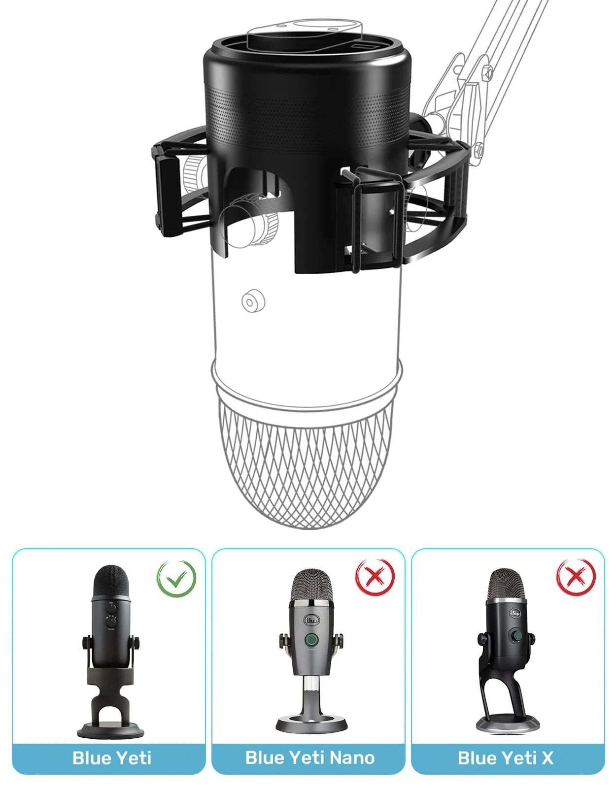 Custom Built for Blue Yeti Shock Mount with Pop Filter, 2025 Upgrade Anti-Vibration Suspension Elastic Shock Mount Holder Clip Mics Stand with Screw Adapter Compatible with Yeti Microphone Blue Yeti Shock Mount with Windscreen - Image 4
