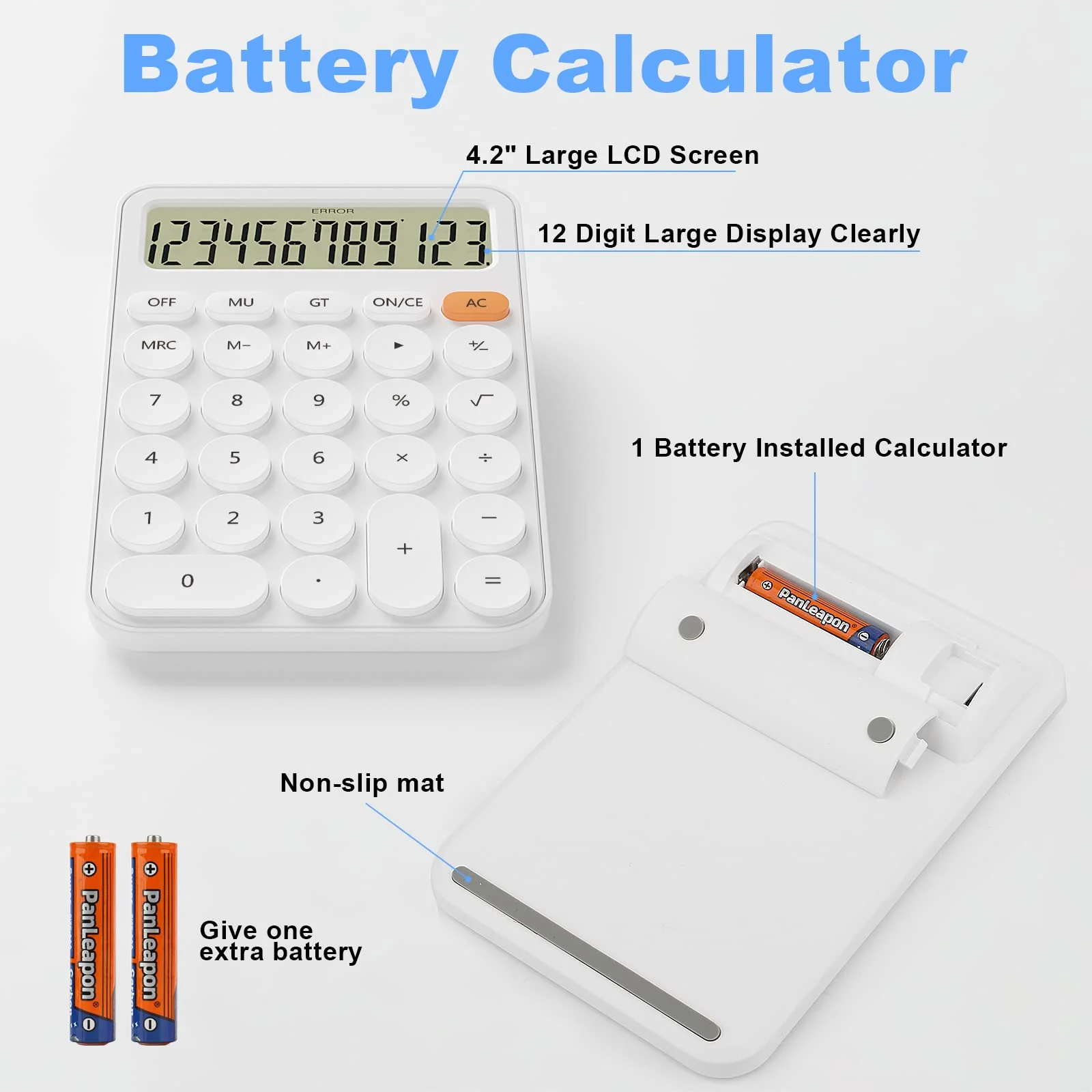 Cute Calculators Desktop Size 6.3 * 4.3in/16 * 11cm, DECKLIT Battery 12 Digit Desk Calculator Extra Large LCD Display, Great Desktop Calculator Big buttons, 15°Tilt Screen for Kids Calculator(White) white - Image 2