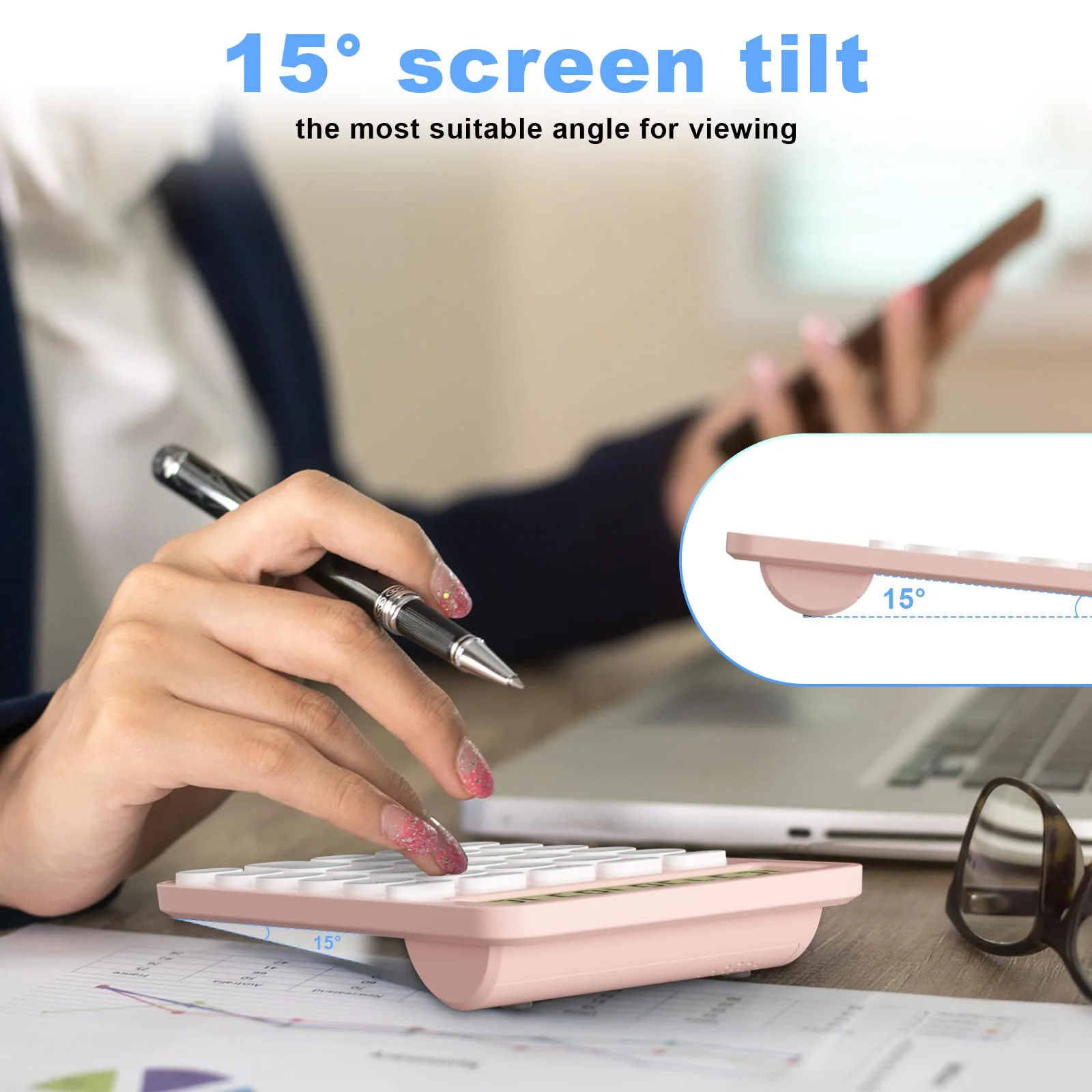 Cute Calculators Desktop Size 6.3 * 4.3in/16 * 11cm, DECKLIT Battery 12 Digit Desk Calculator Extra Large LCD Display, Great Desktop Calculator Big buttons, 15°Tilt Screen for Kids Calculator(White) white - Image 6