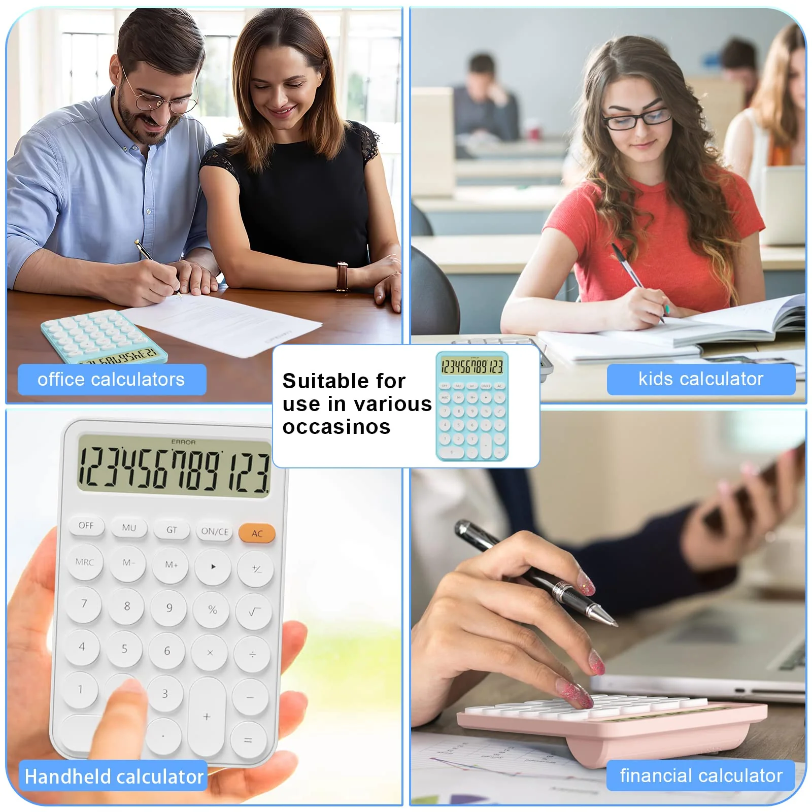 Cute Calculators Desktop Size 6.3 * 4.3in/16 * 11cm, DECKLIT Battery 12 Digit Desk Calculator Extra Large LCD Display, Great Desktop Calculator Big buttons, 15°Tilt Screen for Kids Calculator(White) white - Image 7