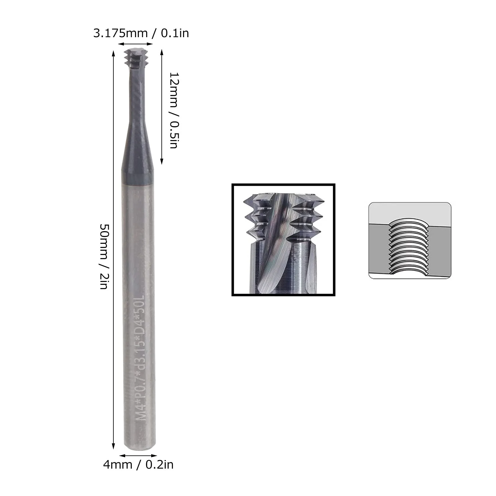 Cutting Cutter, 3-Tooth Metric 60° Tungsten Steel Thread Cutter, M4 x 0.7 x D4 x 50, Can Be Used for Aluminium, Copper, Stainless Steel, Alloy Steel - Image 2