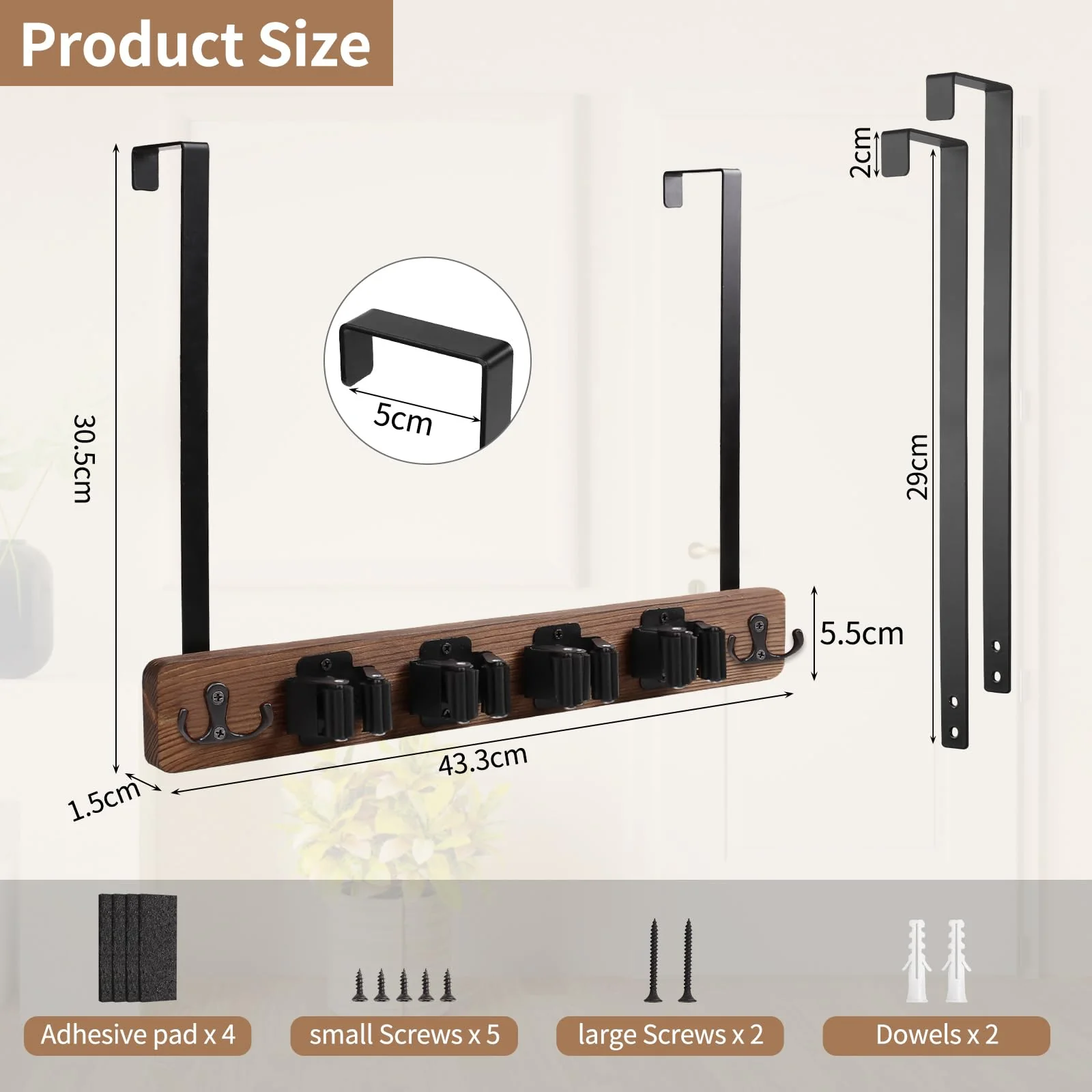 Cyiecw Broom Holder Wall or Broom Holder Over the Door, Drillable Tool Wall Mount, Wooden Stainless Steel Broom Mop Tool Garden Tool Holder, Door Organiser with 4 Holders and 2 Hooks, 1 Piece (Brown) Brown - Image 7
