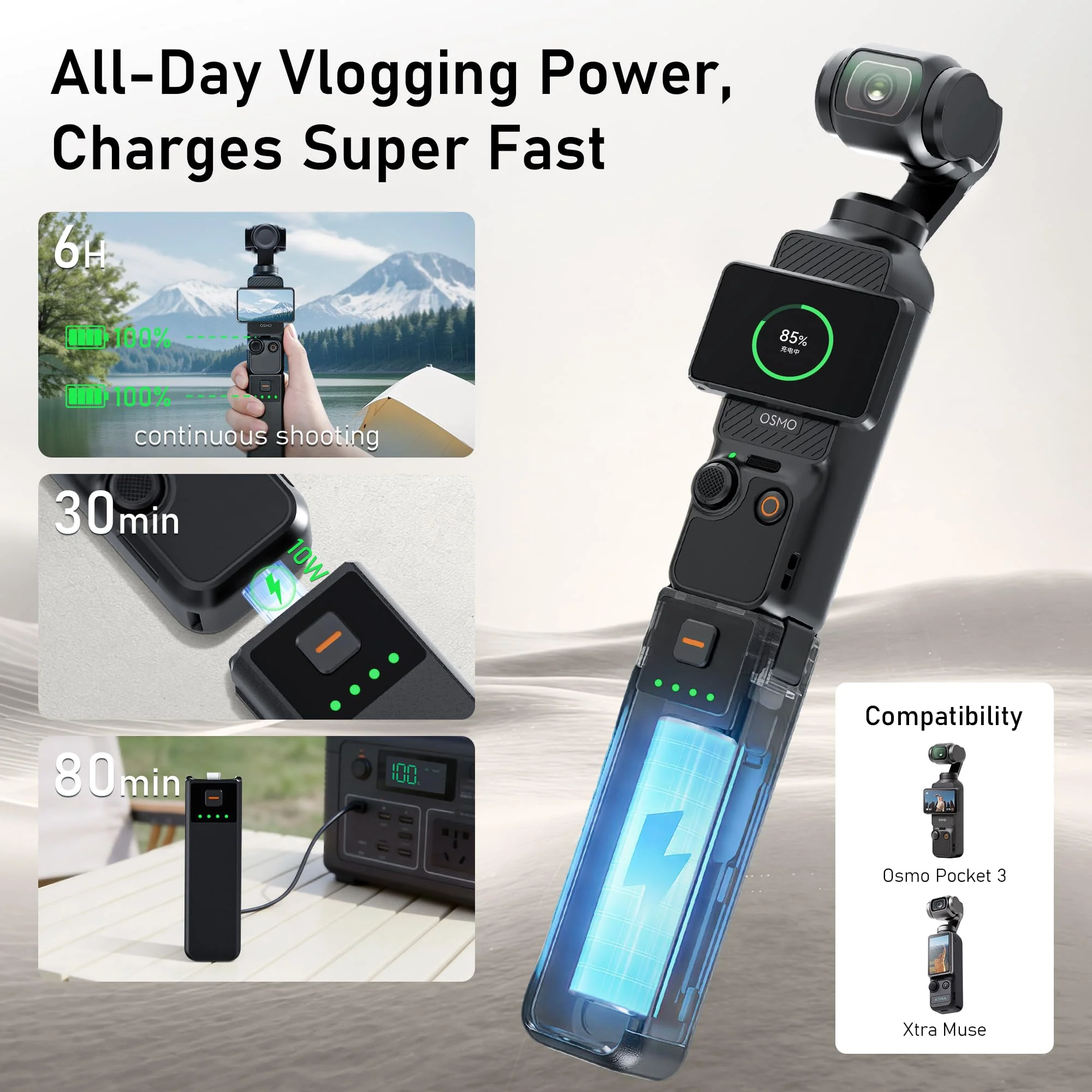 CYNOVA Osmo Pocket 3 Battery Handle for DJI Osmo Pocket 3 Accessories, Pocket 3 Battery Grips Compatible with Xtra Muse, 5000mAh 22.5W Fast Charging Power and Reserved 1/4”Thread - Image 2