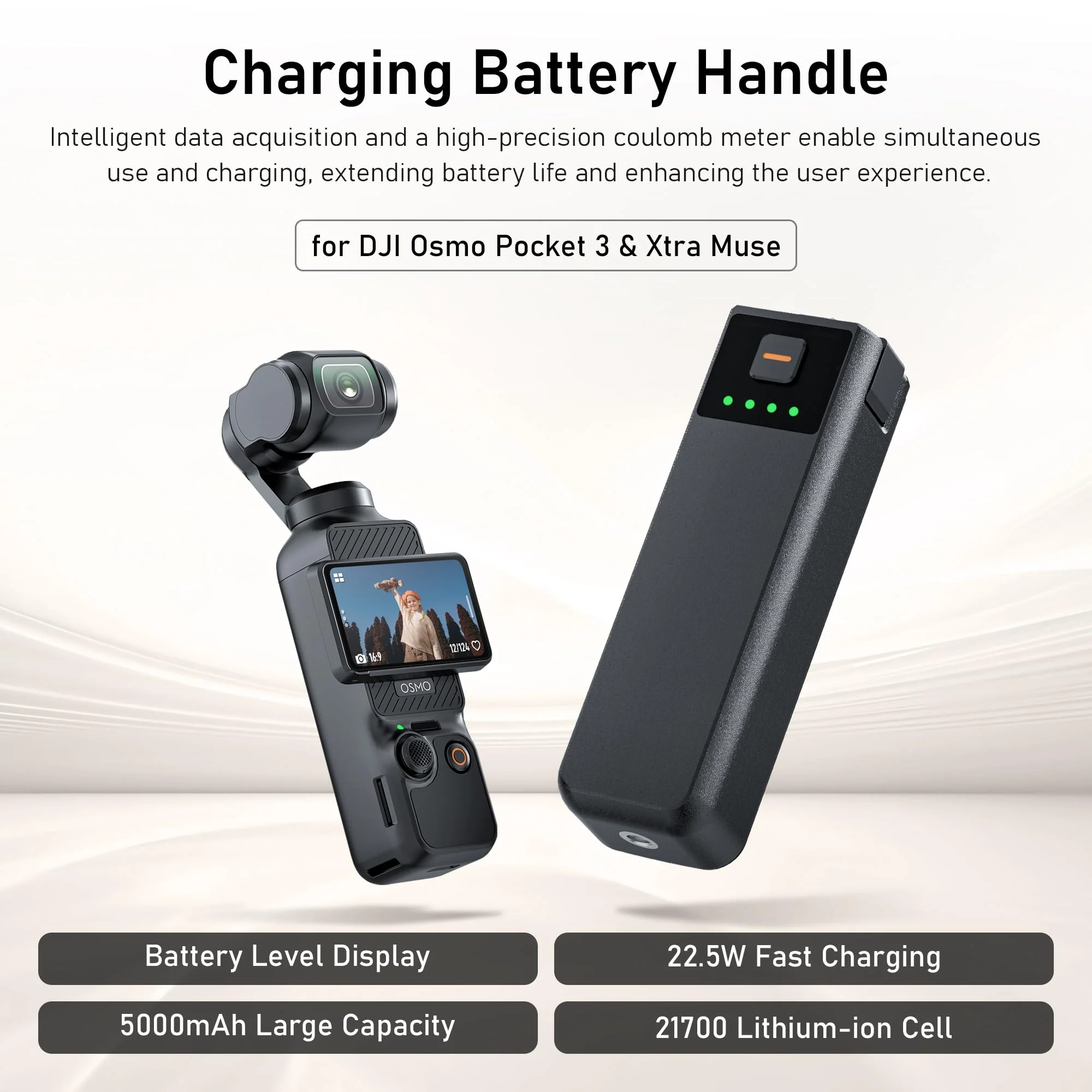 CYNOVA Osmo Pocket 3 Battery Handle for DJI Osmo Pocket 3 Accessories, Pocket 3 Battery Grips Compatible with Xtra Muse, 5000mAh 22.5W Fast Charging Power and Reserved 1/4”Thread - Image 5