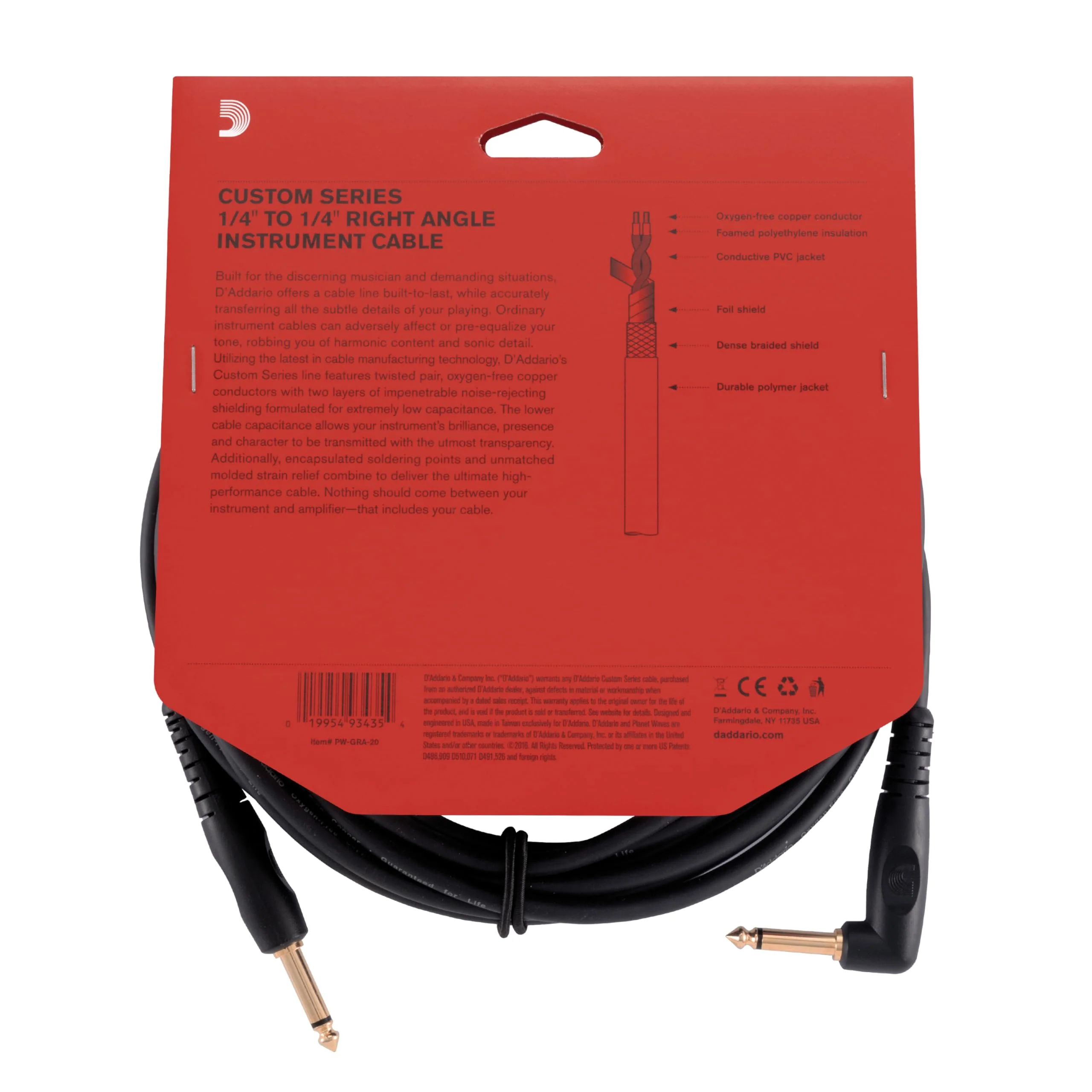 D’Addario Accessories Custom Series Guitar Cables - Instrument Cable with ¼ Inch Ends - High Performance Guitar Cord - For Guitars, Bass, Keyboards - Mono - Right Angle, 20 feet - Image 4