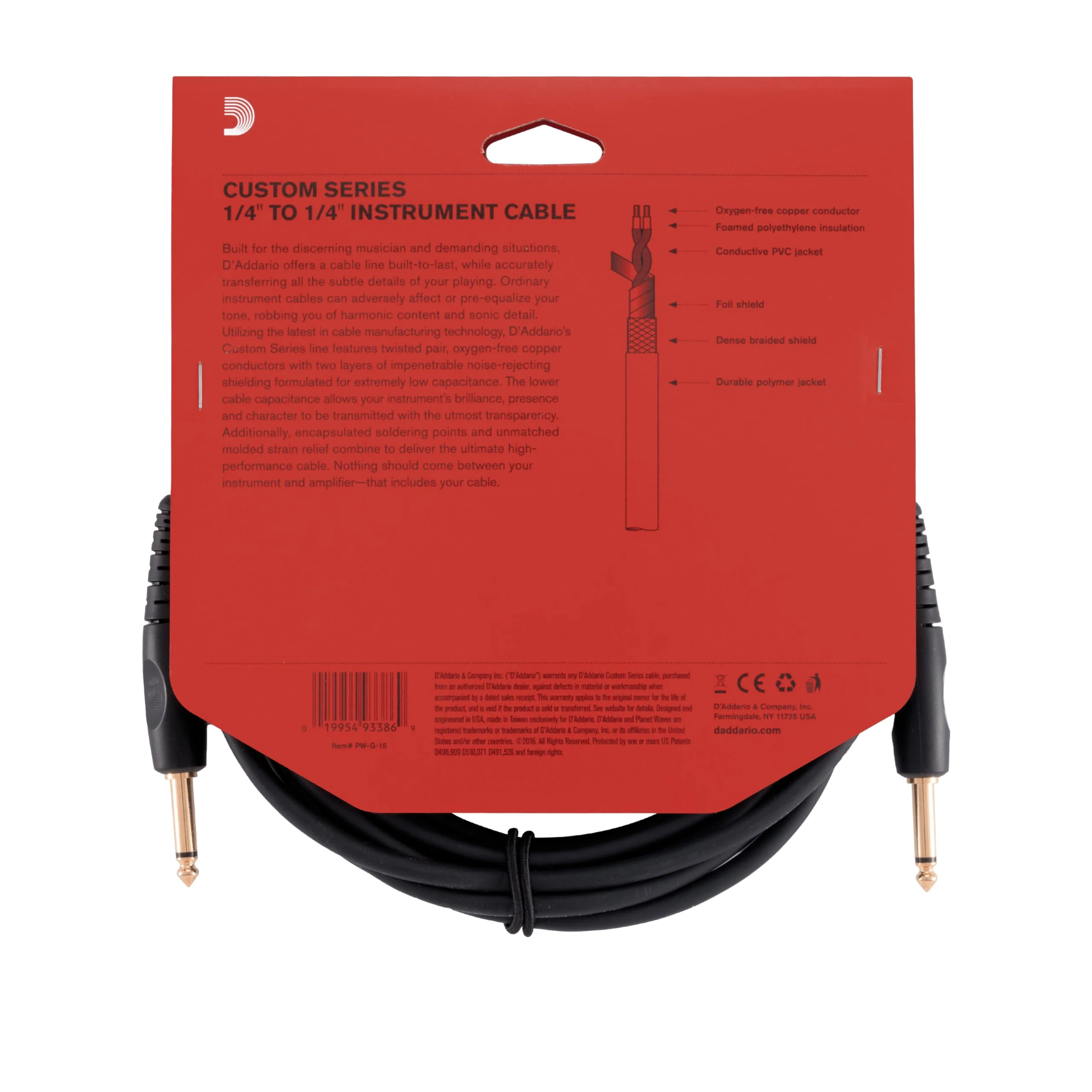 D’Addario Accessories Custom Series Guitar Cables - Instrument Cable with ¼ Inch Ends - High Performance Guitar Cord - For Guitars, Bass, Keyboards - Mono - Straight End, 15 feet - Image 4