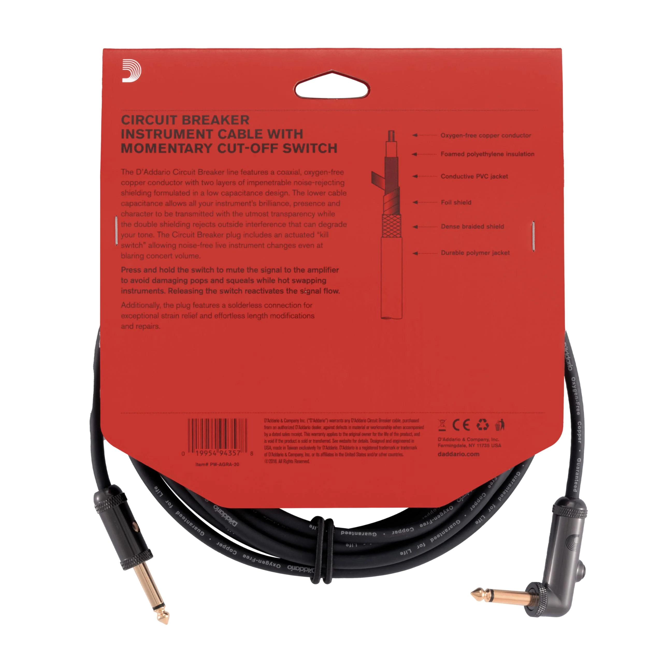 D’Addario Cable, Black, 20 feet (PW-AGRA-20) Right Angle - Image 4