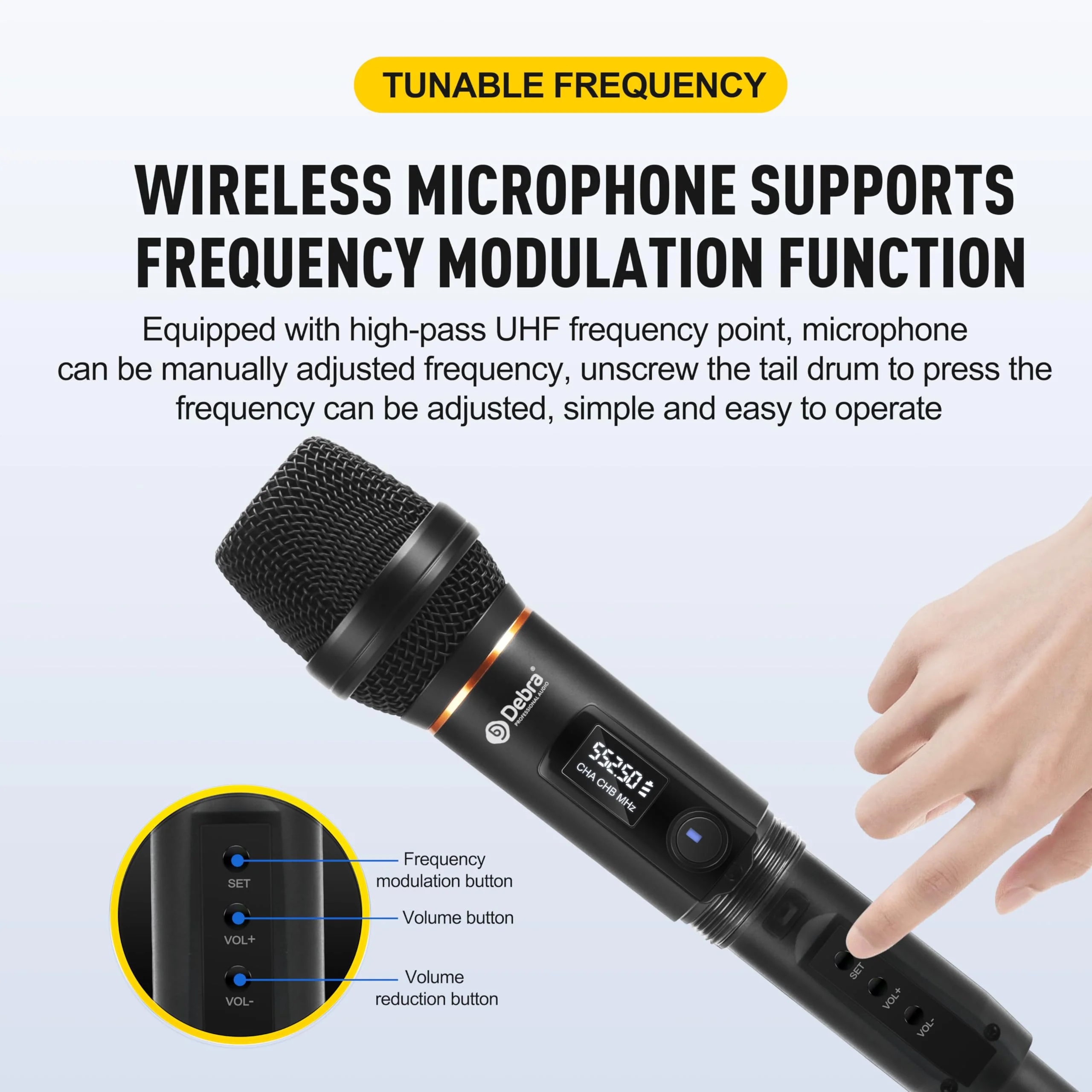 D Debra Wireless Microphone UHF Cordless Handheld Dynamic with Rechargeable Receiver and 30 Adjustable Frequency for Karaoke Singing, Wedding, DJ, Party, Speech, Church, Class Use, 200ft (PU-12H-02) PU-12H-02 - Image 4