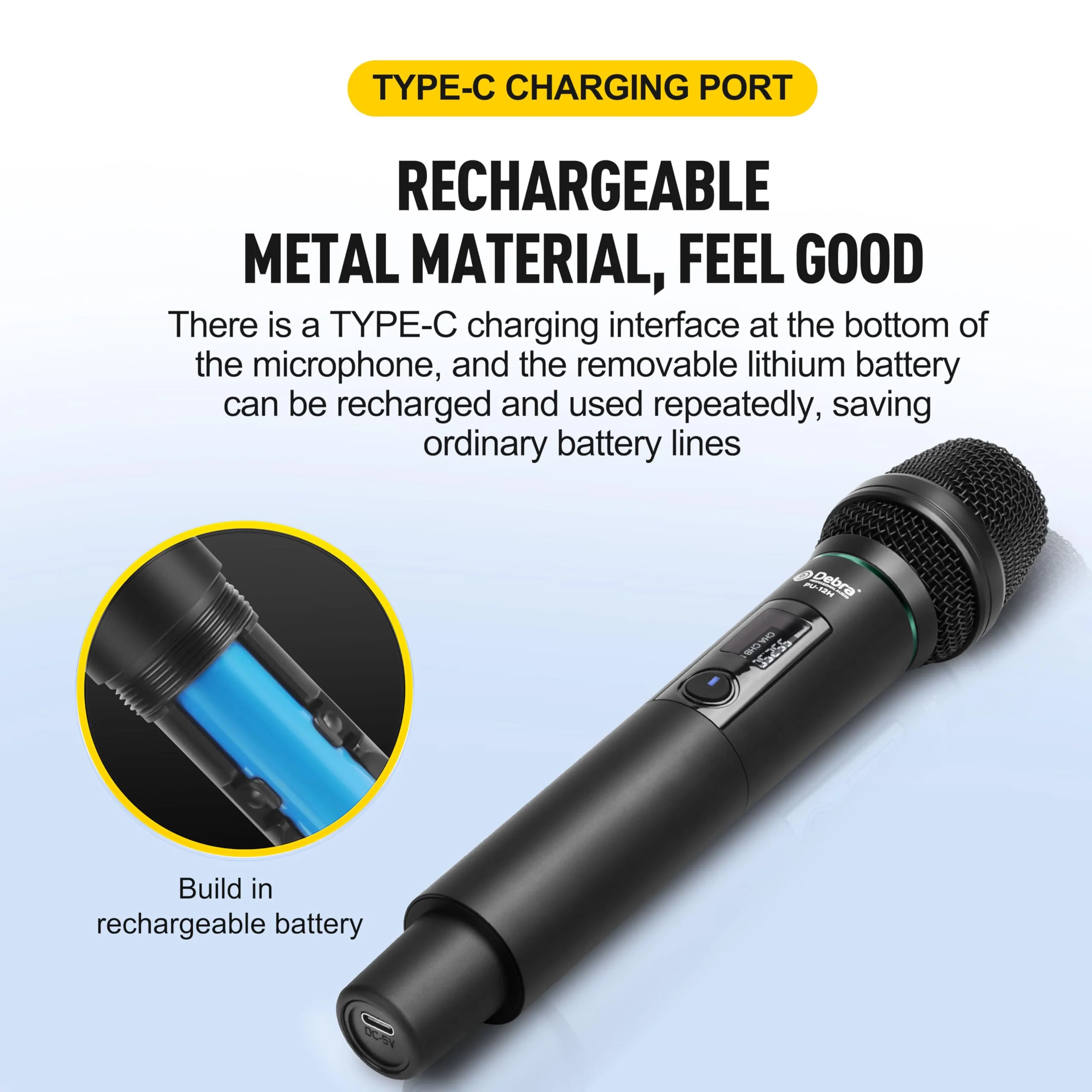 D Debra Wireless Microphone UHF Cordless Handheld Dynamic with Rechargeable Receiver and 30 Adjustable Frequency for Karaoke Singing, Wedding, DJ, Party, Speech, Church, Class Use, 200ft (PU-12H-02) PU-12H-02 - Image 7