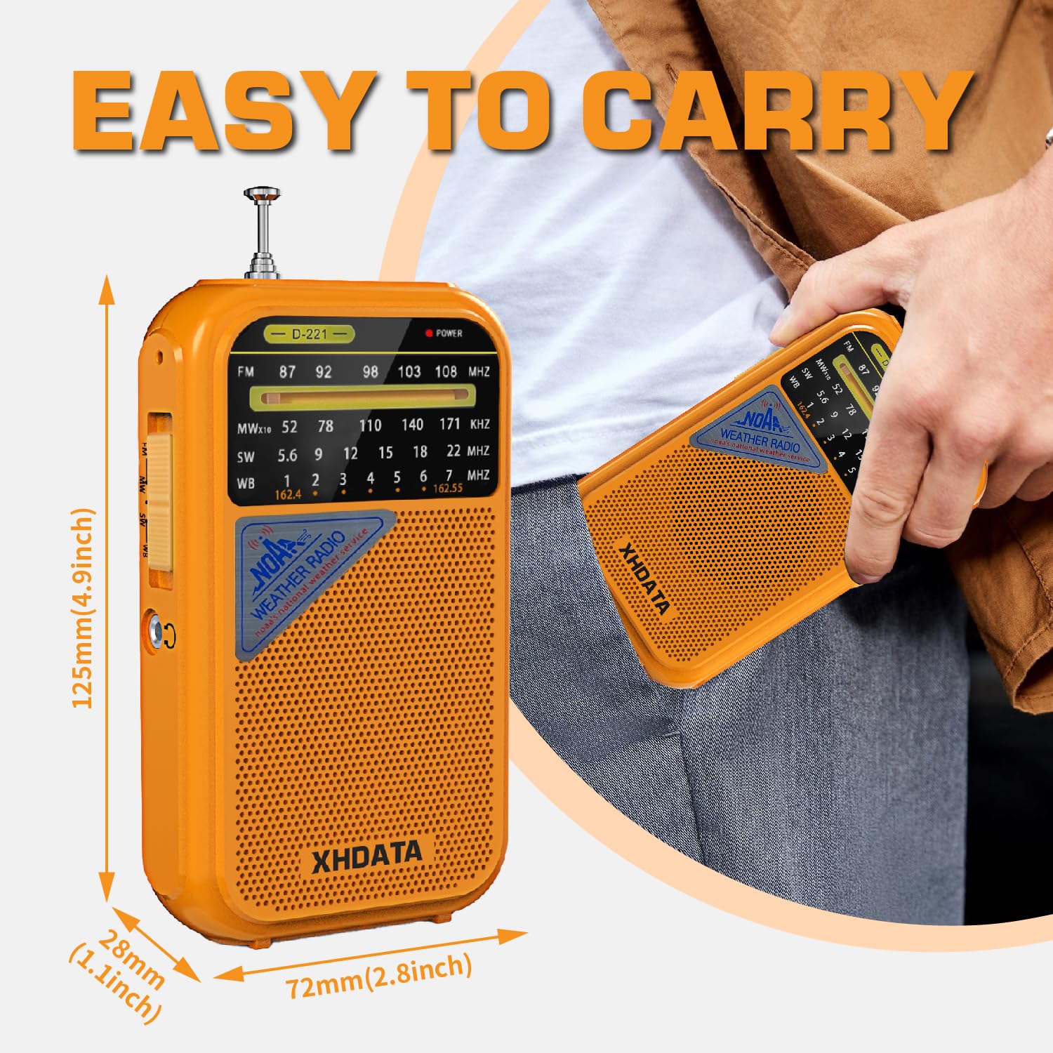 D221 NOAA Weather Radio Portable AM FM Shortwave Radio Receiver, 2 AA Battery Operated, Transistor Radio with Excellent Reception for Emergency, Hurricane, Gift, Walking and Home (Orange) Orange - Image 3