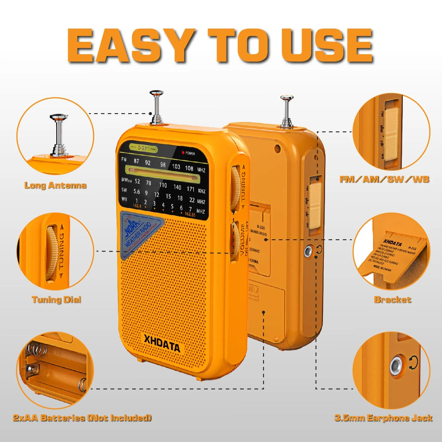 D221 NOAA Weather Radio Portable AM FM Shortwave Radio Receiver, 2 AA Battery Operated, Transistor Radio with Excellent Reception for Emergency, Hurricane, Gift, Walking and Home (Orange) Orange - Image 5