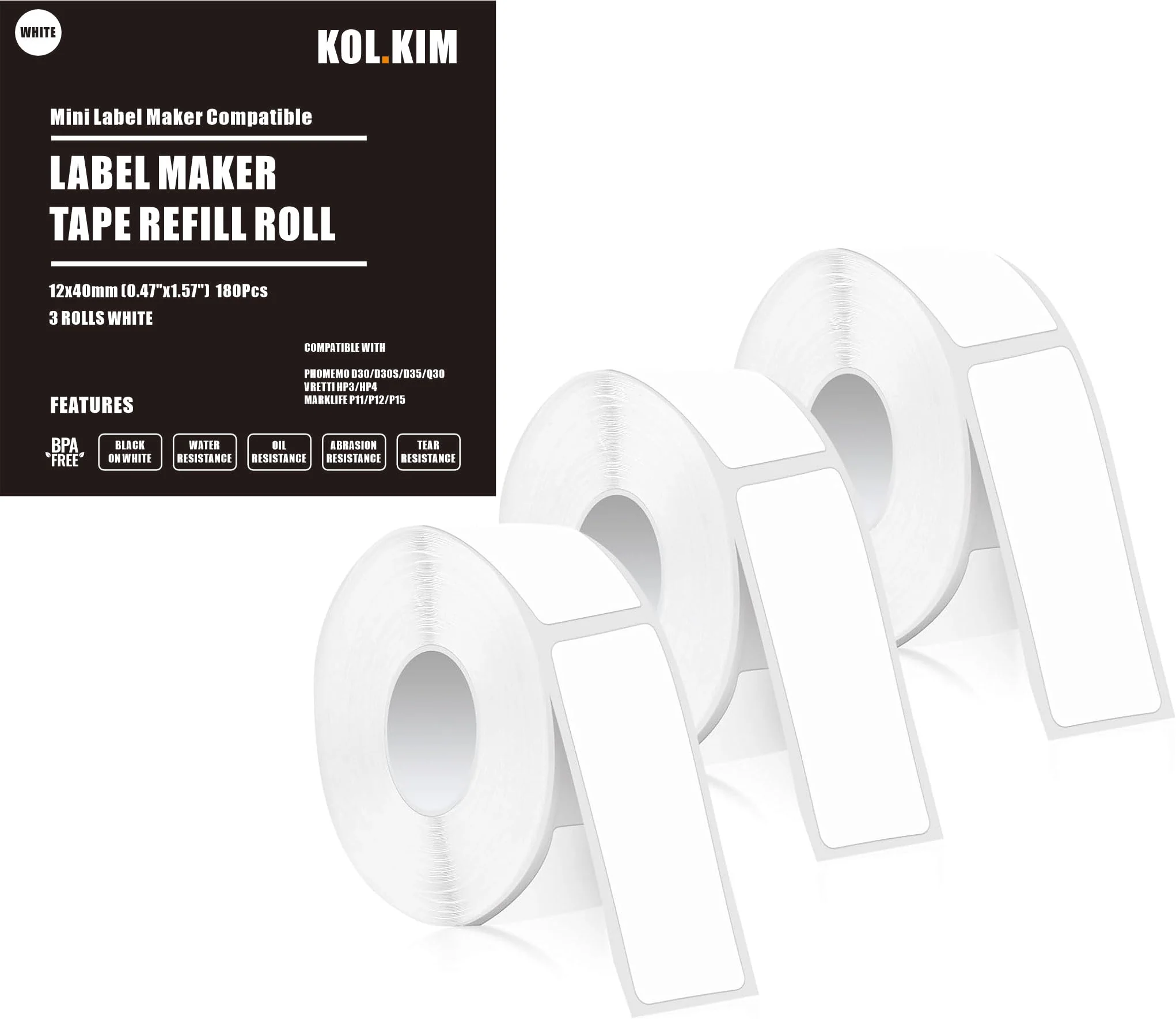 D30 Label Tape, 540 Labels 12x40mm White Thermal Label Paper for Phomemo D30 Labels Tape Printer Maker Tape Refill Replacement for Print Master D30 Labels Refill 12mm x 40mm (0.47 x 1.57 Inch) White 12 X 40 Mm White 3 Rolls - Image 5