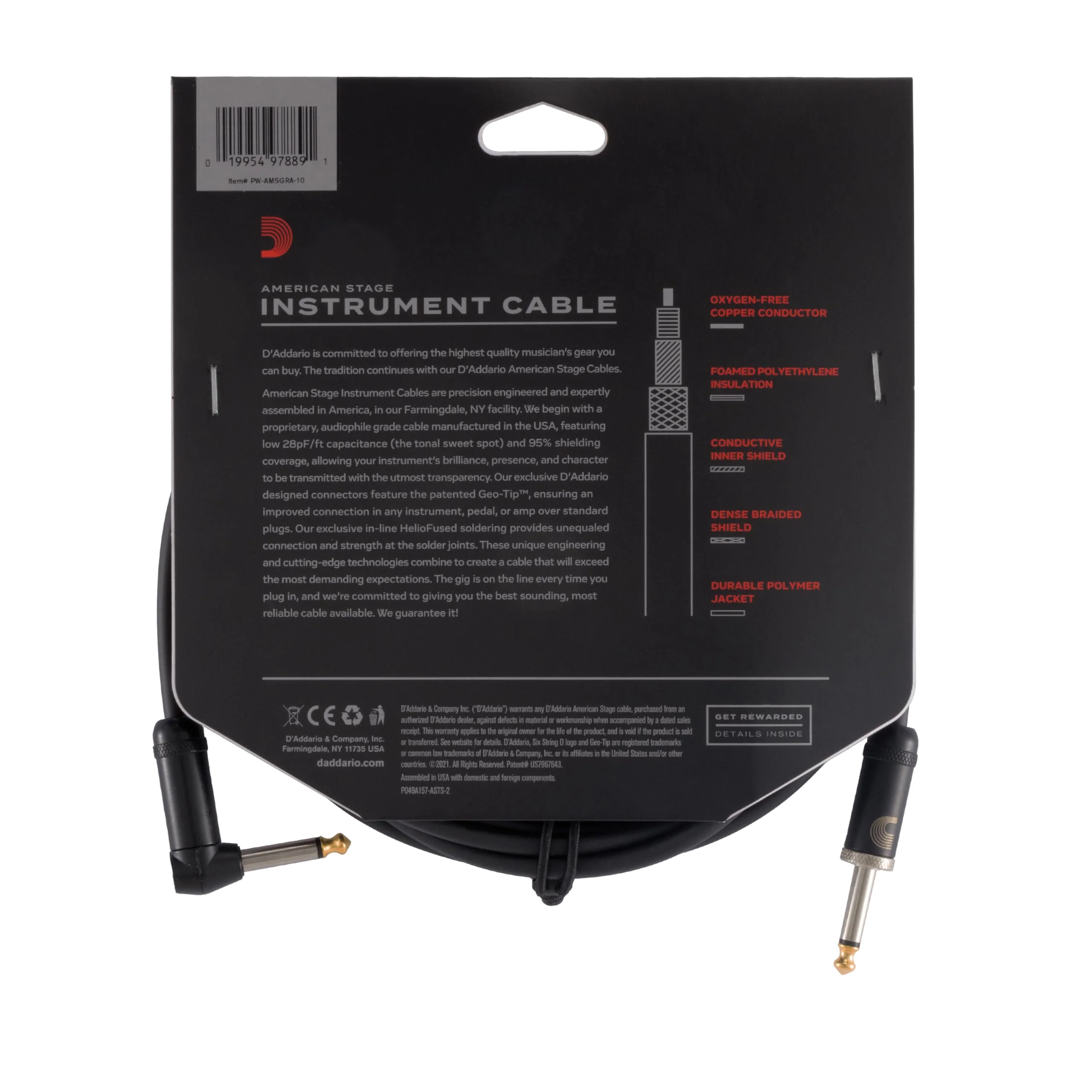 D'Addario Guitar Cable - Guitar Lead - Geo Tip for Secure Connection - 10 Feet/3.05 Meters - Straight End/Right Angle - 1 Pack Straight to Right Angle - Image 4