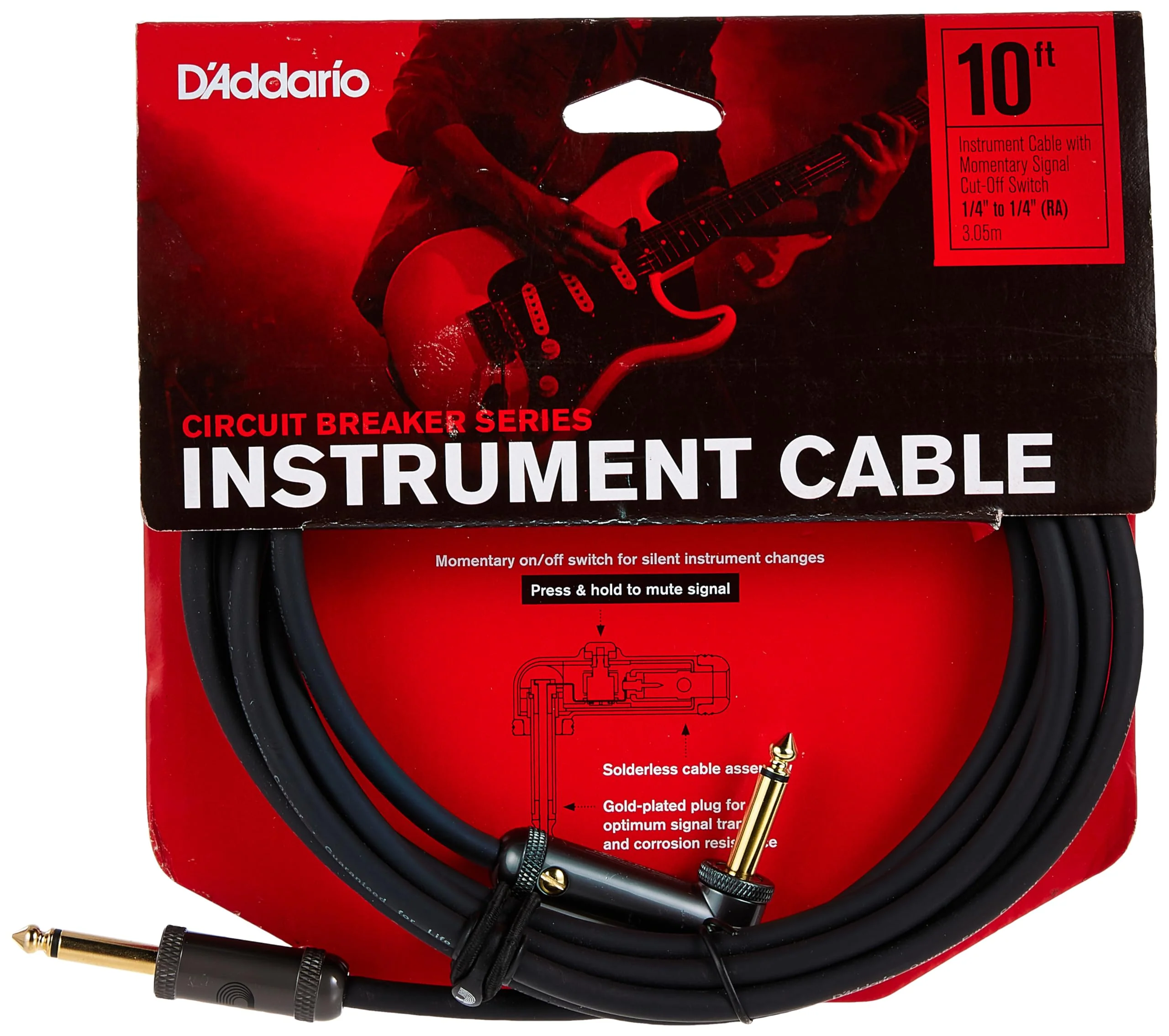 D'Addario Guitar Cable - Guitar Lead - Gold Plated - 1/4 Inch Male to 1/4 Inch Male - Circuit Breaker Cable - 10 Feet/3.05 Meters - Straight End/Right Angle - 1 Pack Right Angle - Image 2