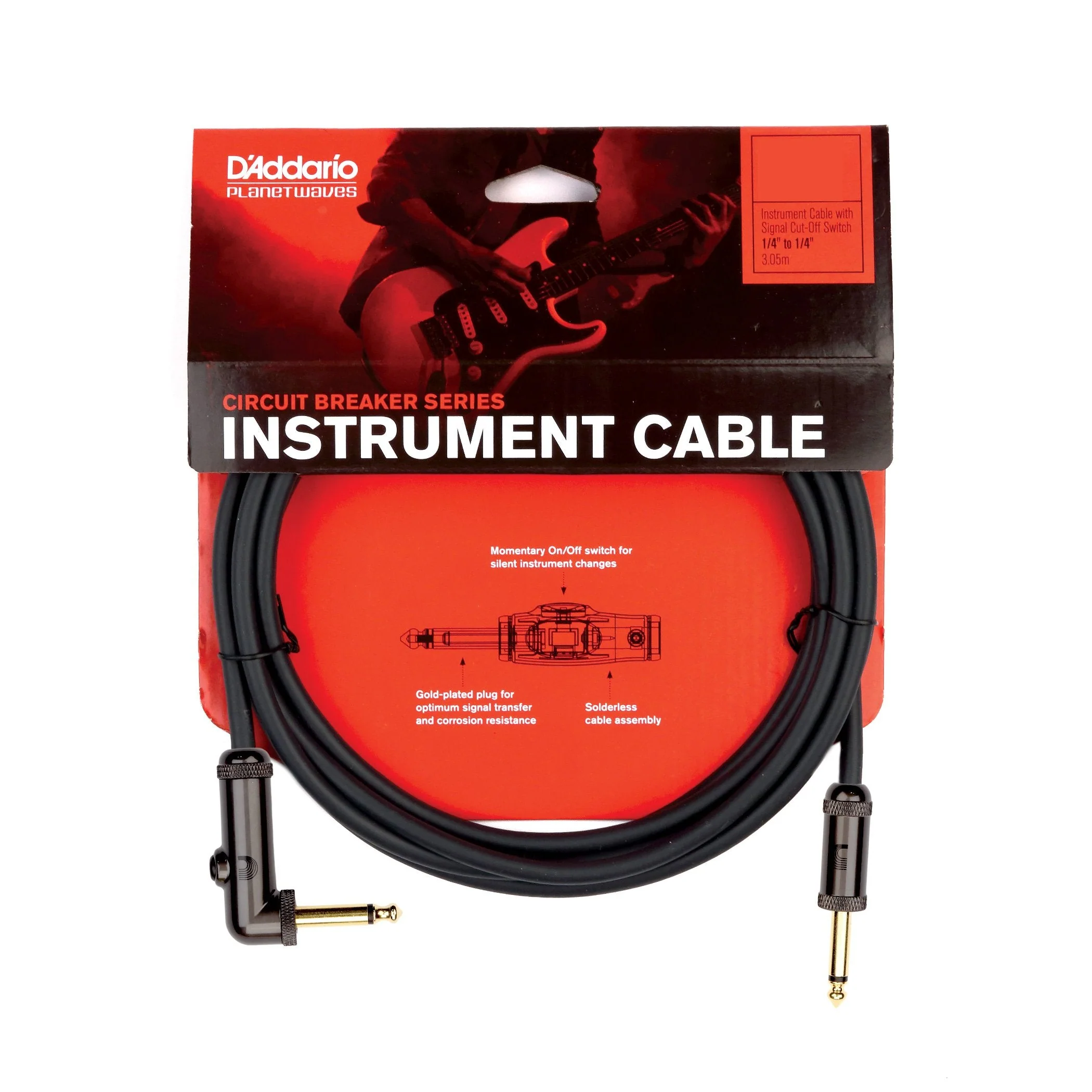 D'Addario Guitar Cable - Guitar Lead - Gold Plated - 1/4 Inch Male to 1/4 Inch Male - Circuit Breaker Cable - 10 Feet/3.05 Meters - Straight End/Right Angle - 1 Pack Right Angle - Image 3