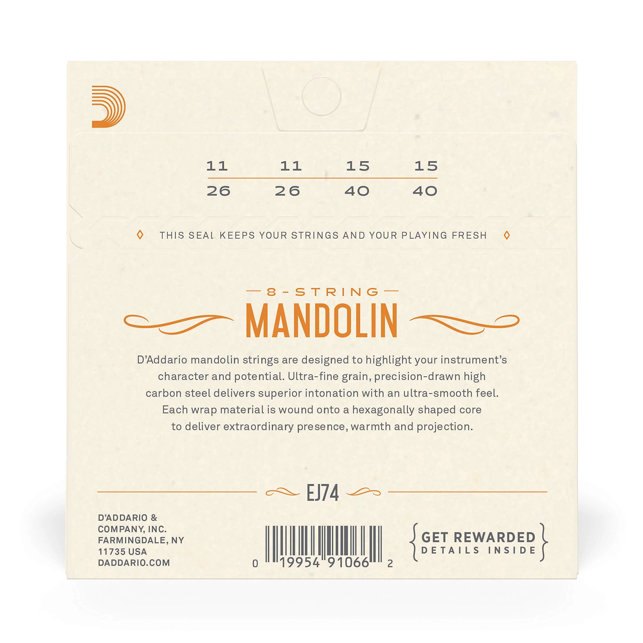 D'Addario Mandolin Strings - Mandolin Strings - Phosphor Bronze - For 8 String Mandolin - Rich, Full Tonal Spectrum - EJ74 - Medium, 11-40 1-Pack - Image 3