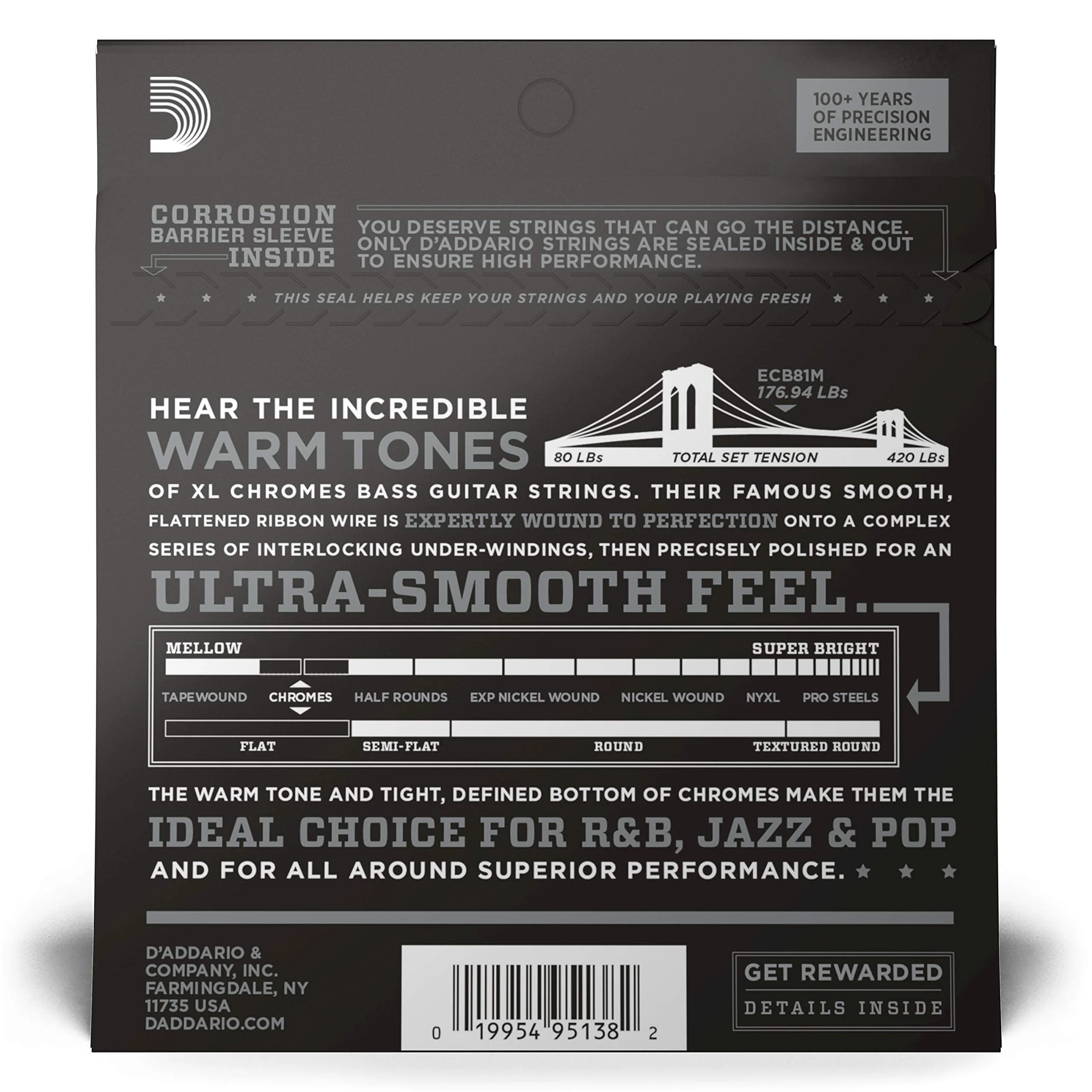 D'Addario XL Chromes Flat Wound Bass Guitar Strings - ECB81M - Medium Scale - Regular Light, 45-100 - Image 2