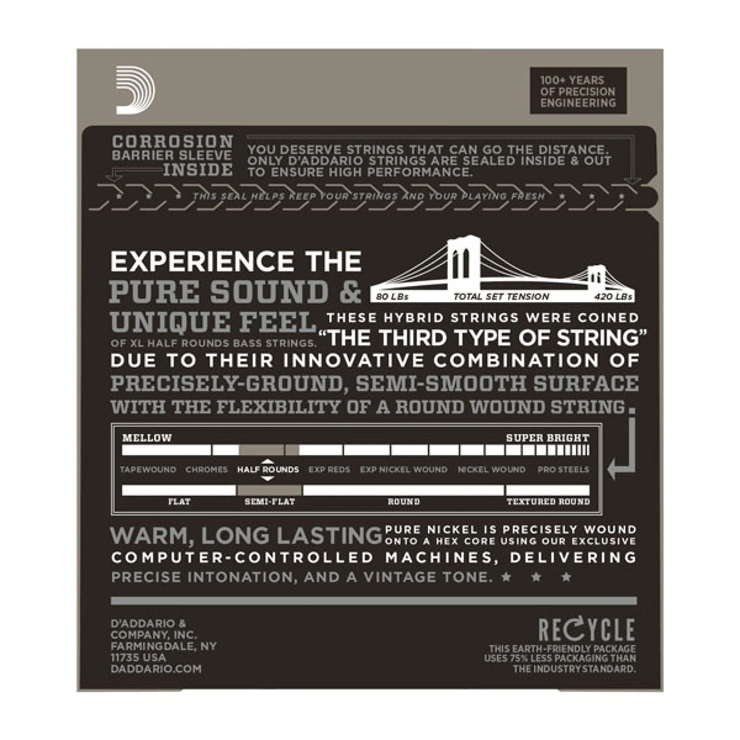 D'Addario XL Half Rounds Bass Guitar Strings - ENR72 - Long Scale - Medium, 50-105 - Image 2