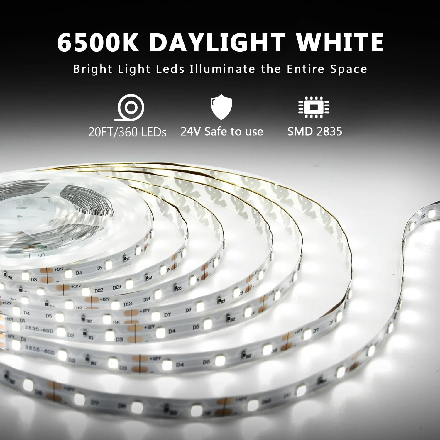 dalattin White LED Strip Lights, 20ft Dimmable Super Bright 24V Led Tape Light 6500K 360 LEDs Lights for Bedrooms, Mirror, Kitchen, Home Decoration Daylight White White 6500K - Image 2