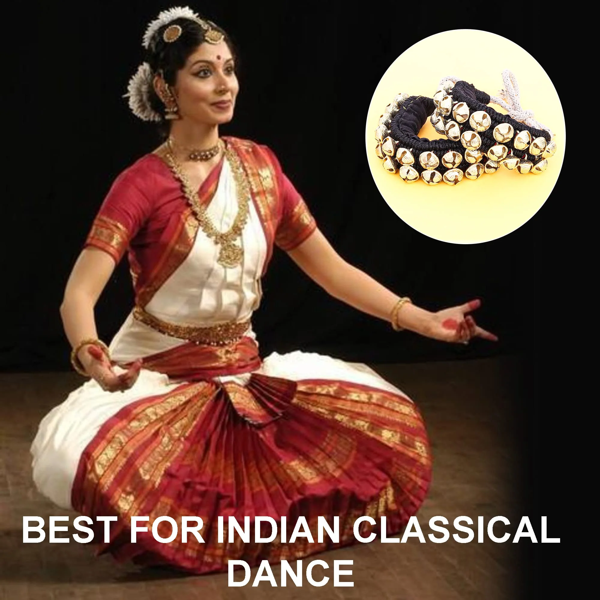 Dancing Bells Anklet Ghungroo with Colored Cushion Pad 2 Line with (20+20) Bells Best For Indian Classical Dance, Indian Style Brass Ankle Bells (BLACK) BLACK - Image 4