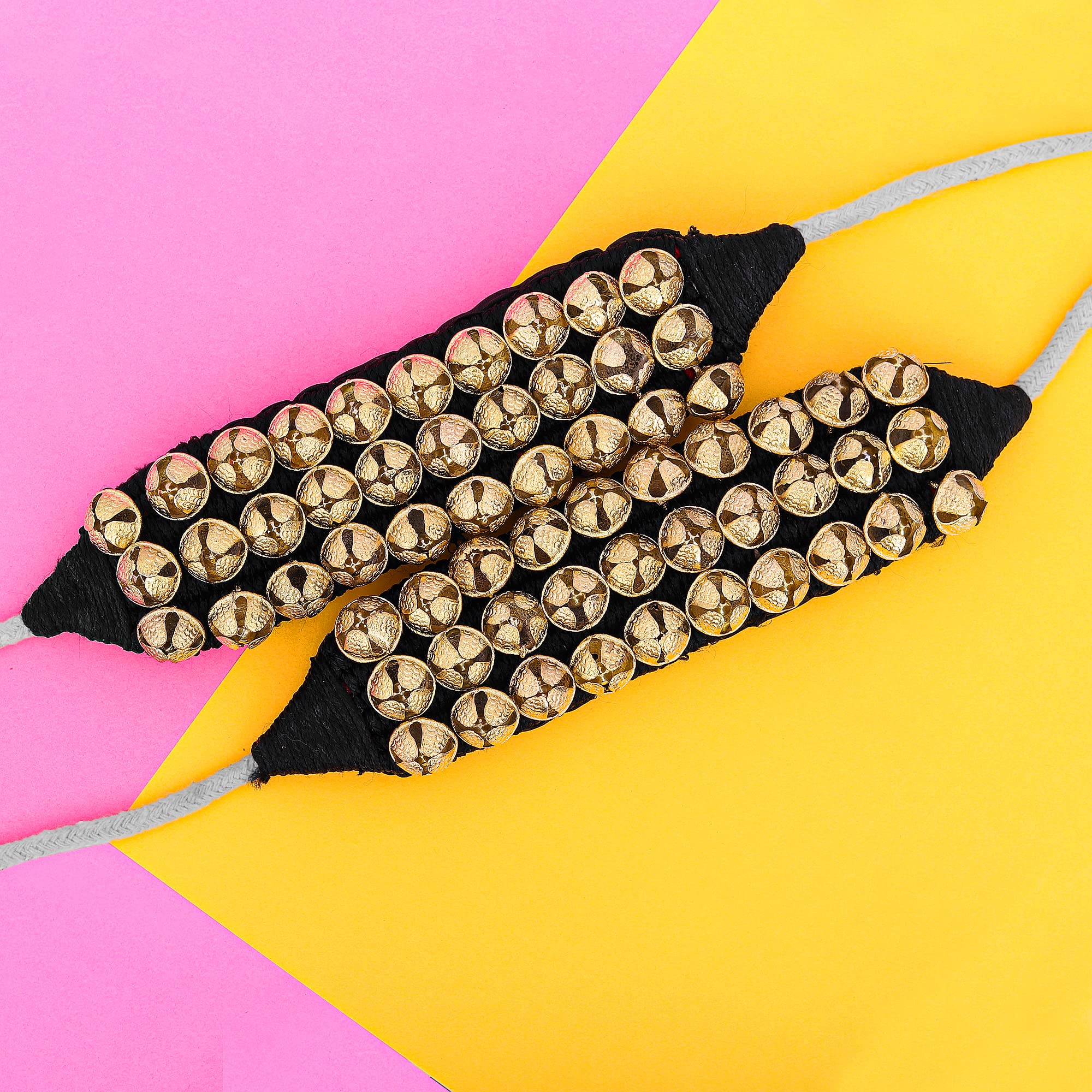Dancing Bells Anklet Ghungroo with Colored Cushion Pad 3 Line with (30+30) Bells Best For Indian Classical Dance, Indian Style Brass Ankle Bells (BLACK) BLACK - Image 7