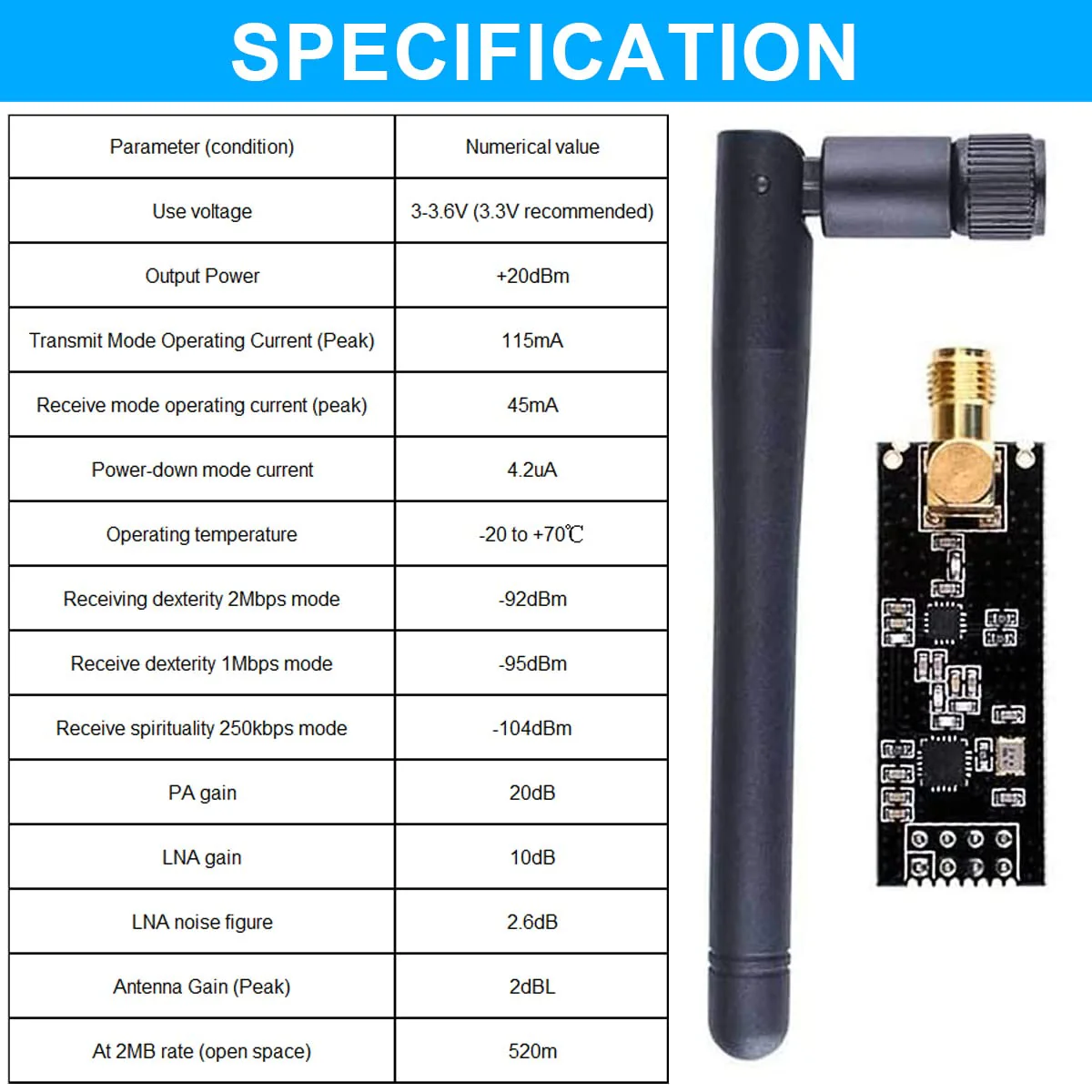 DAOKAI NRF24L01 Wireless Transceiver Receiver, Pack of 2 NRF24L01+PA+LNA Wireless RF Transceiver Module with SMA Antenna 2.4 GHz 1100 m + Breadboard Breakout Adapter Board Compatible with NRF24L01 - Image 3