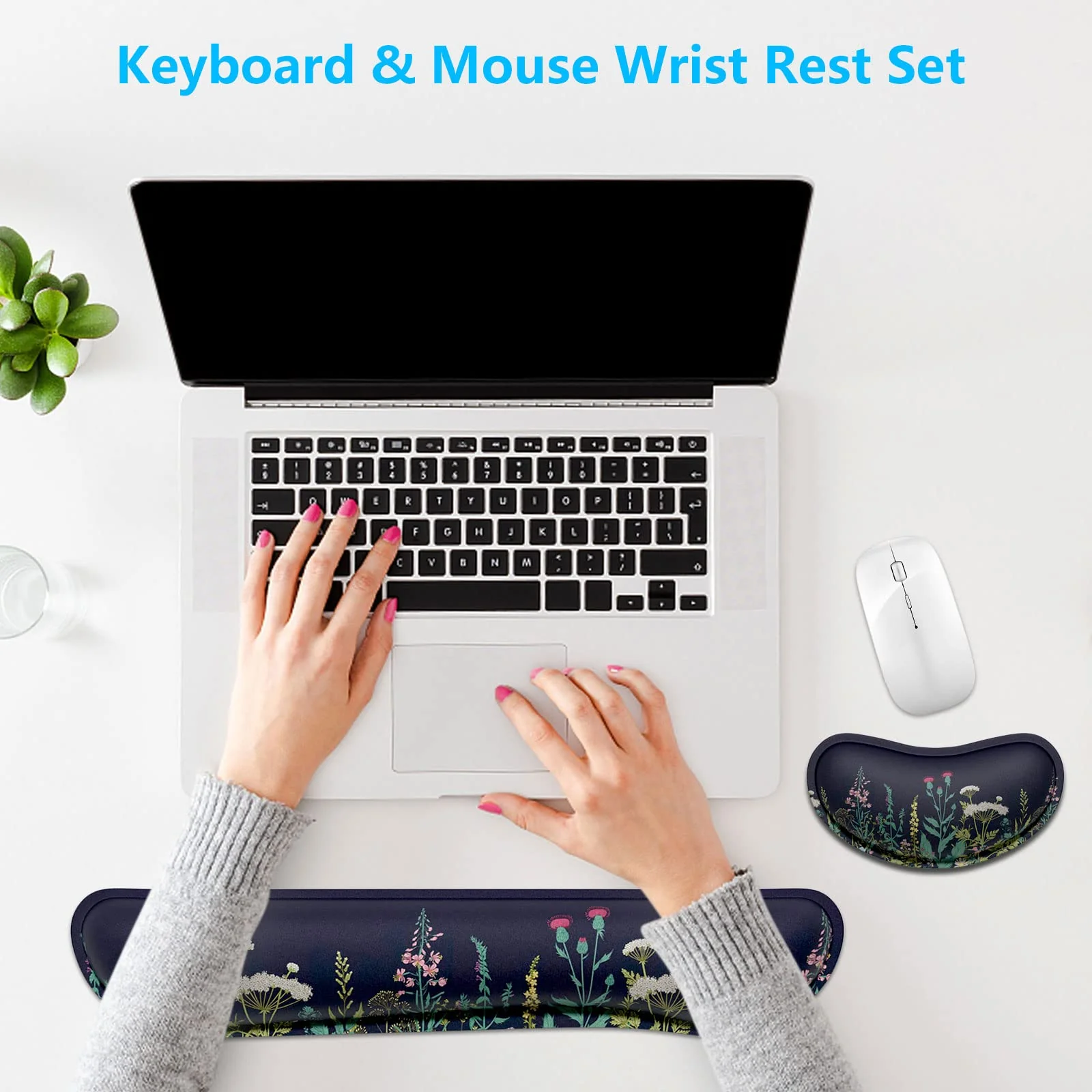 Dapesuom Enlarge Keyboard Wrist Rest Pad, Memory Foam Set Wrist Cushion Support for Easy Typing & Pain Relief, Mouse Wrist Pad, Anti-Slip Wrist Support for Gaming Computer, Elegant Flower - Image 7
