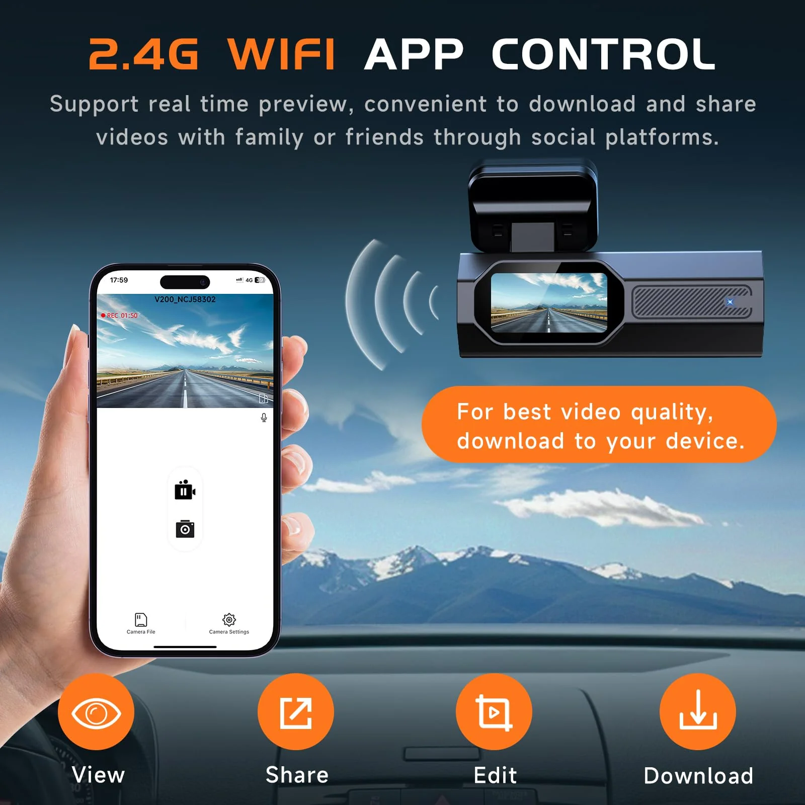 Dash Cam, 2.5K Dash Cam Front, VEEMENT Dash Camera for Cars, 1440P Car Dash Camera with APP, WiFi Dash Cams with WDR Night Vision, 24/7 Parking Monitor Dashcam, 160°Wide, G-Sensor, Mini Car Camera Black - Image 5