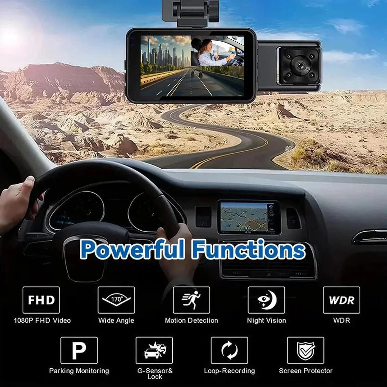 Dash Cam，3 Channel Dash Cam Front and Rear Inside, 1080P Full HD Dash Camera for Cars, Free 64GB SD Card, 3”IPS Screen, Night Vision, 170°Wide Angle, WDR, 24H Parking Mode - Image 2
