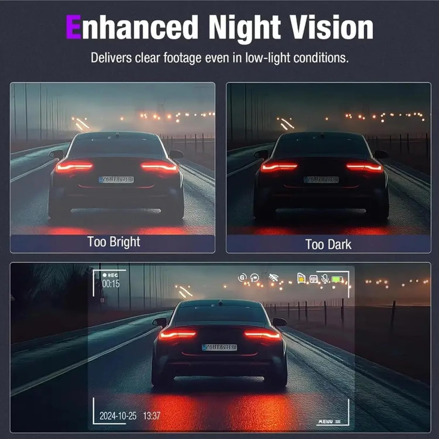 Dash Cam，3 Channel Dash Cam Front and Rear Inside, 1080P Full HD Dash Camera for Cars, Free 64GB SD Card, 3”IPS Screen, Night Vision, 170°Wide Angle, WDR, 24H Parking Mode - Image 7