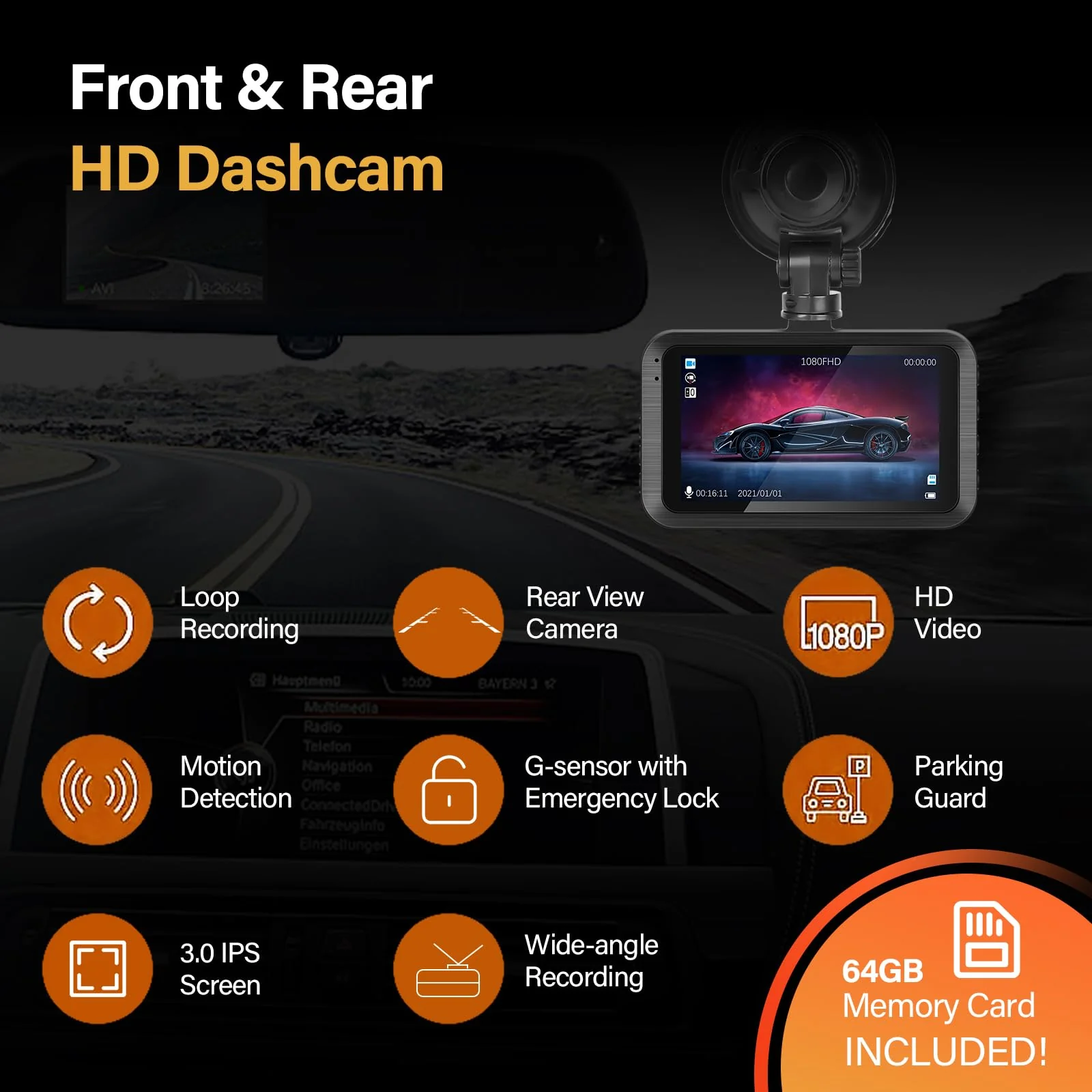 Dash Cam Front and Rear - 3 inch IPS Screen 1080P Full HD DVR Dash Camera for Cars with 64G SD Card - 150°Wide Angle Car Dashboard Cam - Night Vision, G-Sensor, Parking Monitor with 64G TF Card - Image 3