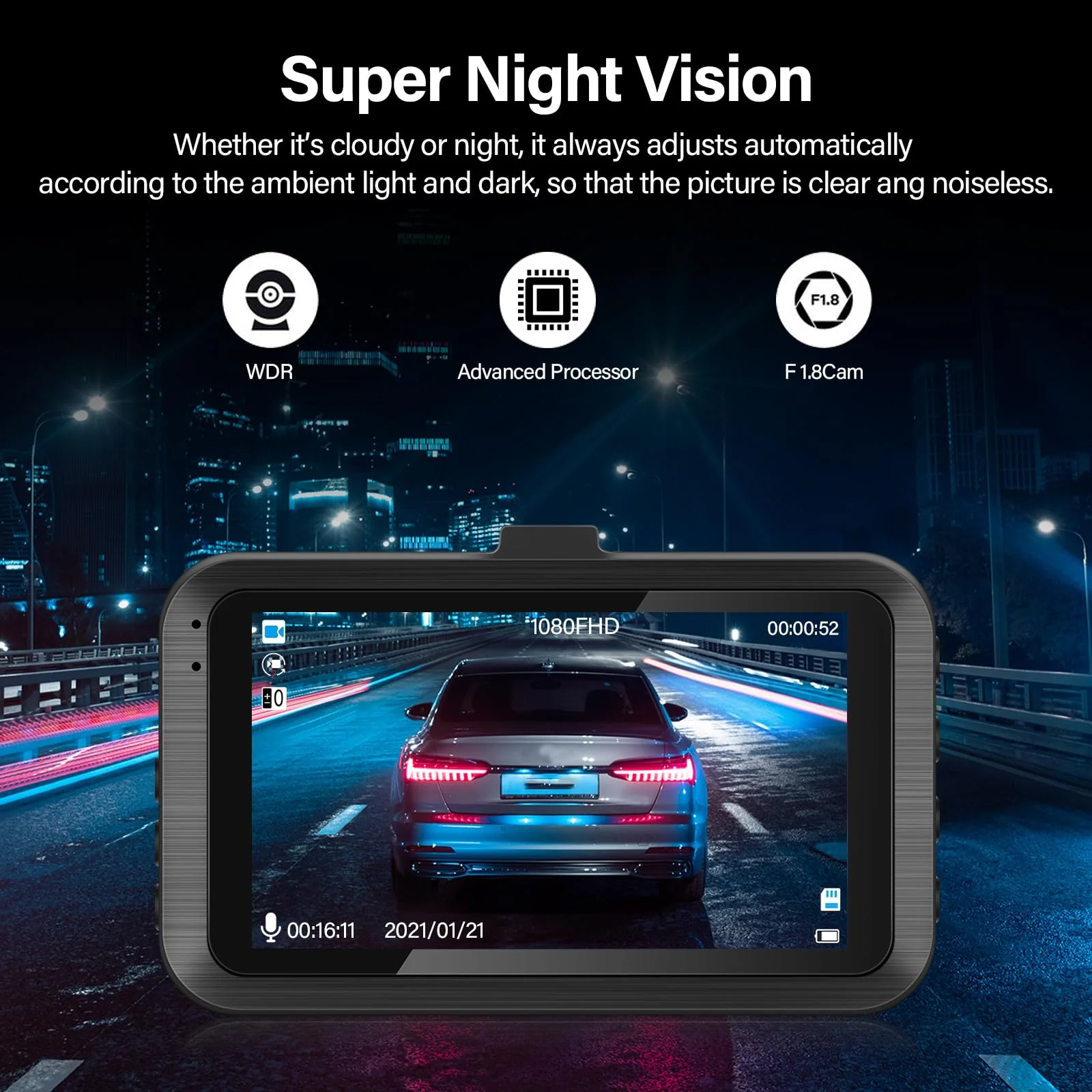Dash Cam Front and Rear - 3 inch IPS Screen 1080P Full HD DVR Dash Camera for Cars with 64G SD Card - 150°Wide Angle Car Dashboard Cam - Night Vision, G-Sensor, Parking Monitor with 64G TF Card - Image 4