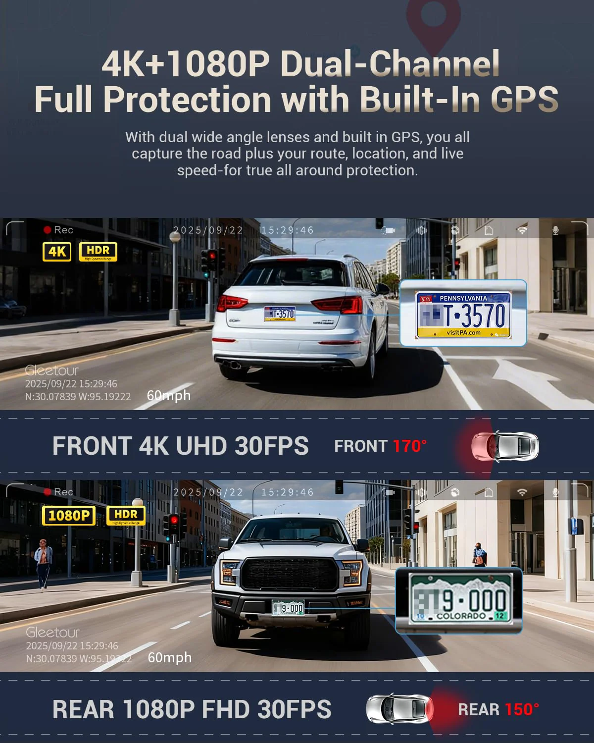 Dash Cam Front and Rear, 4K HDR Dash Camera for Cars, 3" IPS Screen Dash Cam Built-in GPS with 5.8G WiFi UHD Night Vision Free 64G Card, Parking Monitor, G-Sensor - Image 3