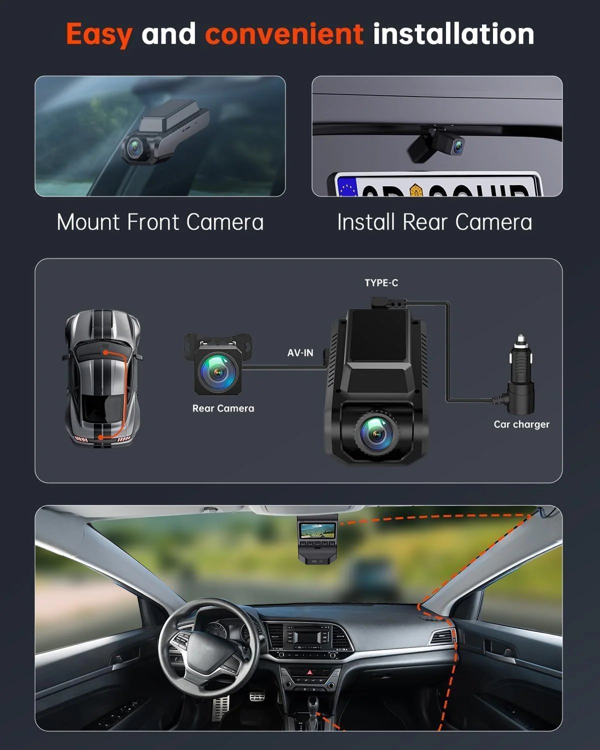 Dash Cam Front and Rear, 4K Ultra HD+1080P Dash Camera for Cars, Built-in Wi-Fi GPS, Included 32GB Card, 2.0'' IPS Screen Mini Car Camera, App, Night Vision, 170°Wide Angle, 24H Parking Mode Black - Image 9