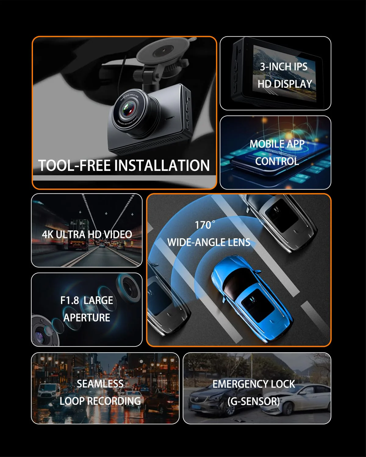Dash Cam Front and Rear, Dash Camera for Cars 4K+1080, Dashcam Built-in WiFi, APP Control, 32GB Card Included, 3" IPS Touch Screen, 24H Parking Monitor, Night Vision, G-Sensor - Image 2
