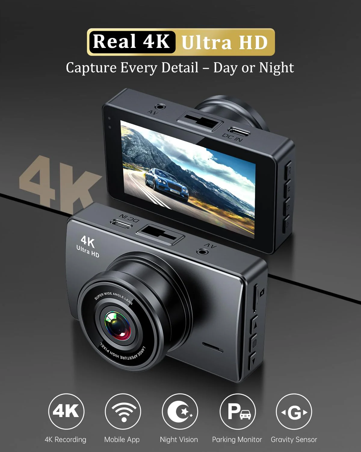 Dash Cam Front and Rear, Dash Camera for Cars 4K+1080, Dashcam Built-in WiFi, APP Control, 32GB Card Included, 3" IPS Touch Screen, 24H Parking Monitor, Night Vision, G-Sensor - Image 3