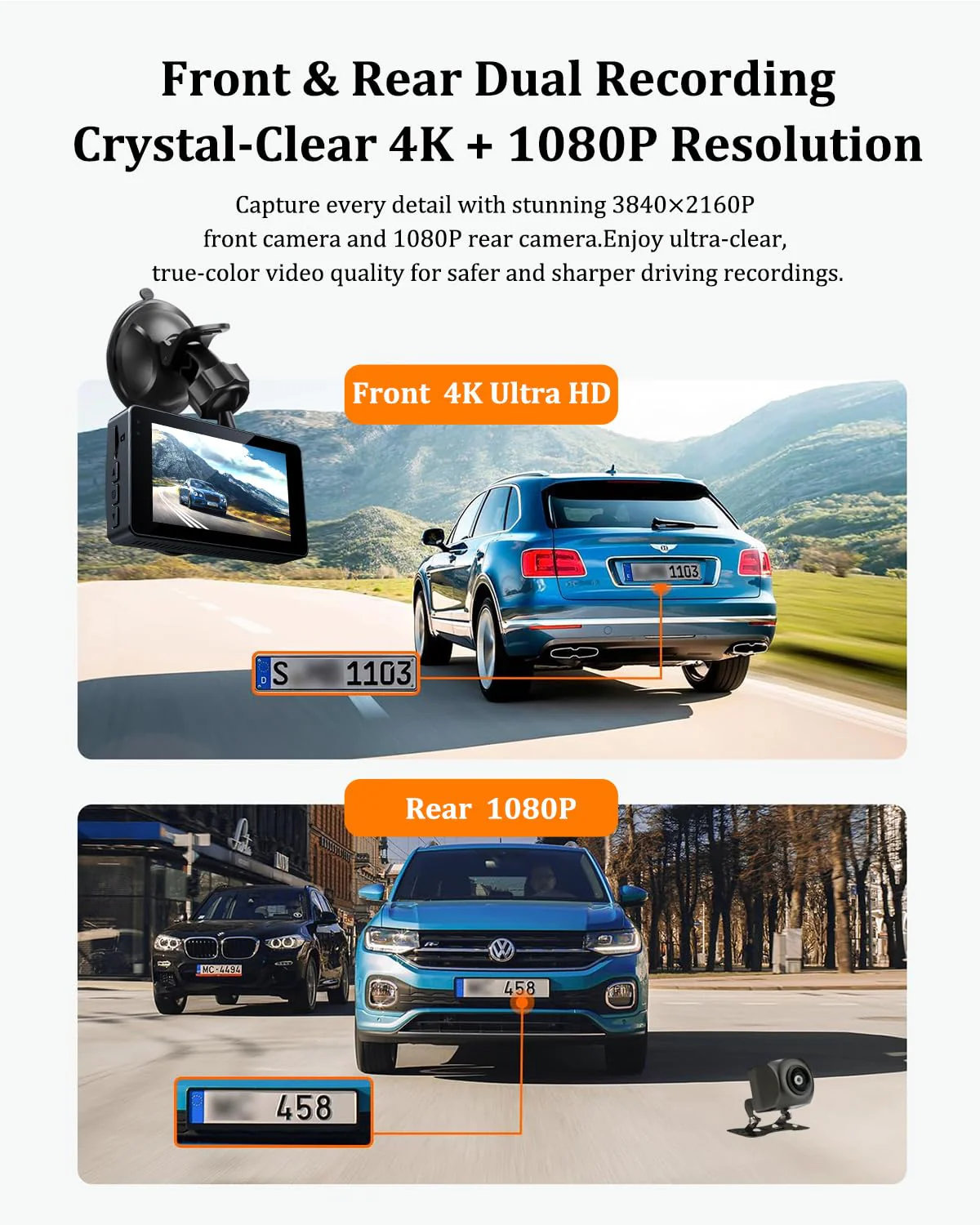 Dash Cam Front and Rear, Dash Camera for Cars 4K+1080, Dashcam Built-in WiFi, APP Control, 32GB Card Included, 3" IPS Touch Screen, 24H Parking Monitor, Night Vision, G-Sensor - Image 4