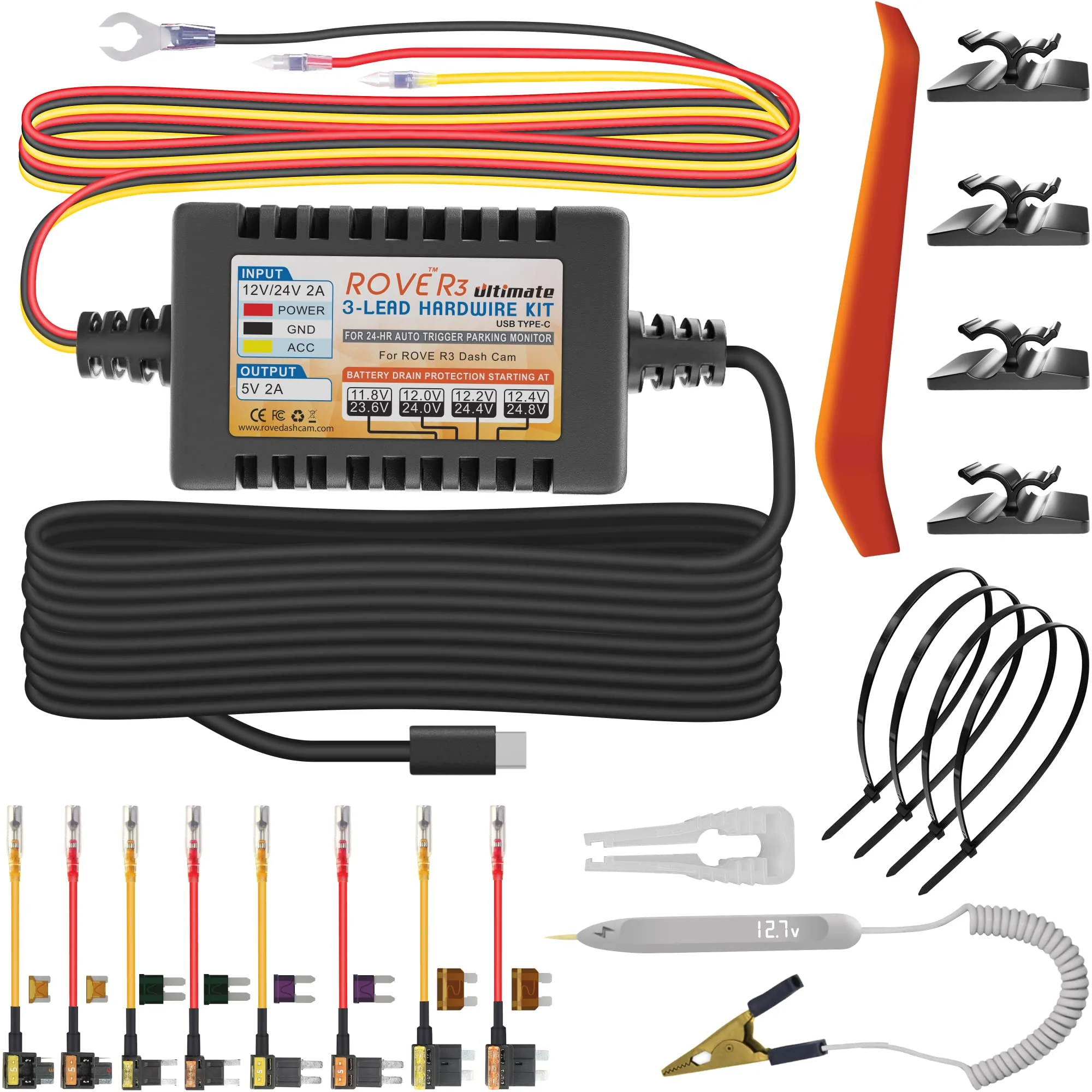 Dash Cam Hardwire Kit, USB Type C, for ROVE R3 Touch Screen 3 Channel Dash Camera - Image 2