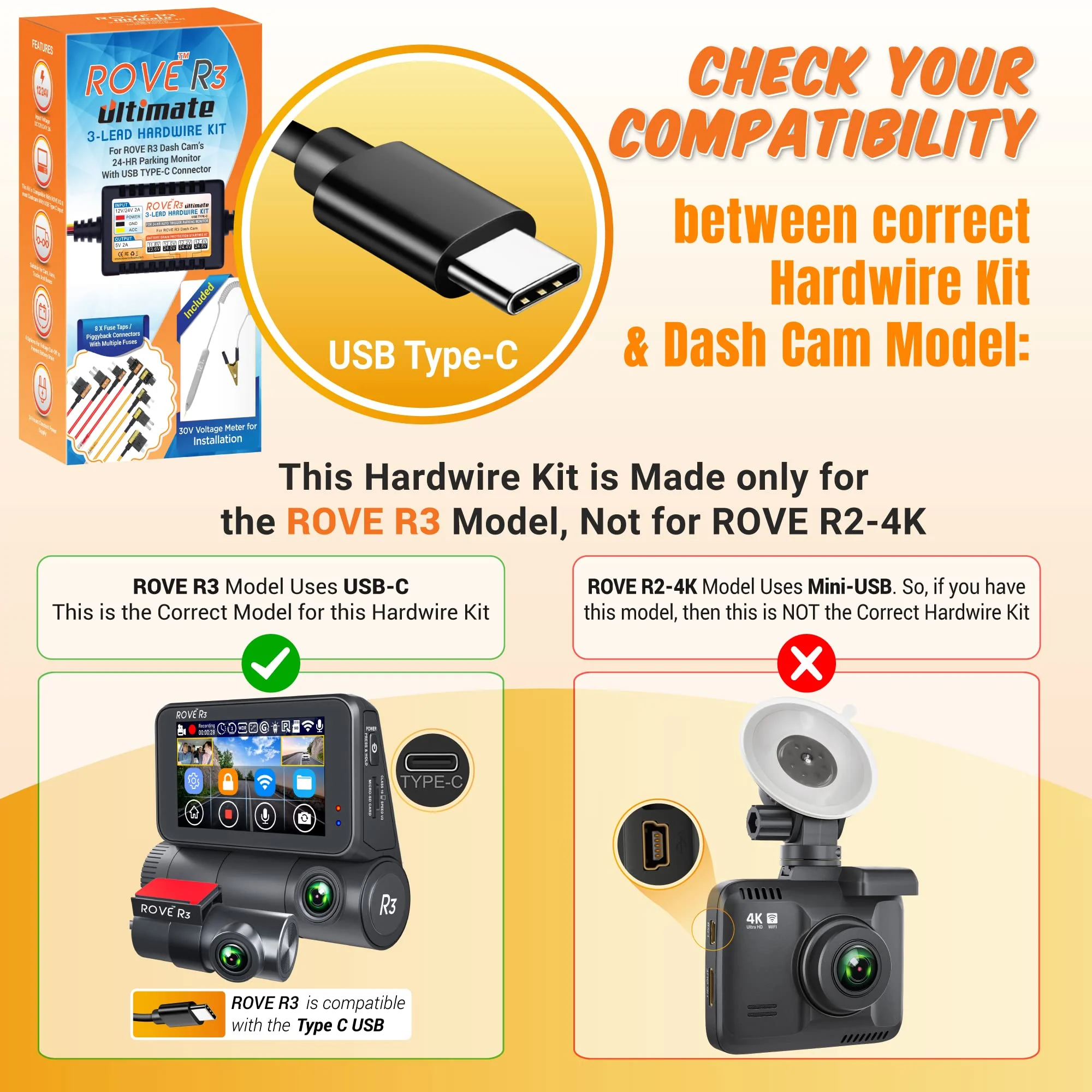 Dash Cam Hardwire Kit, USB Type C, for ROVE R3 Touch Screen 3 Channel Dash Camera - Image 3