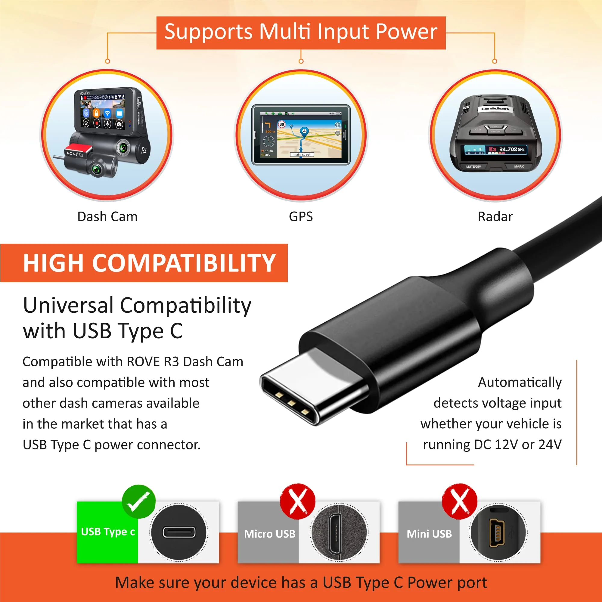 Dash Cam Hardwire Kit, USB Type C, for ROVE R3 Touch Screen 3 Channel Dash Camera - Image 4