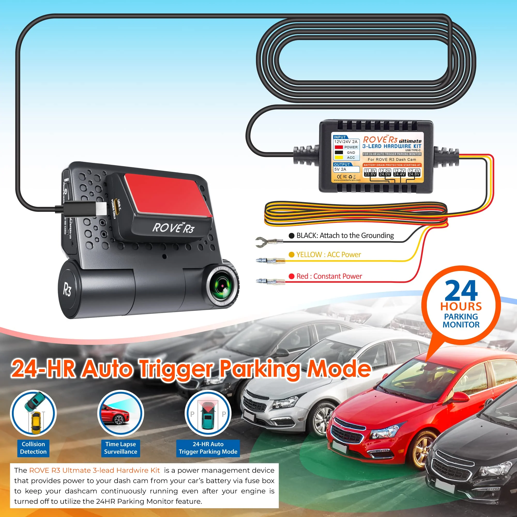 Dash Cam Hardwire Kit, USB Type C, for ROVE R3 Touch Screen 3 Channel Dash Camera - Image 6