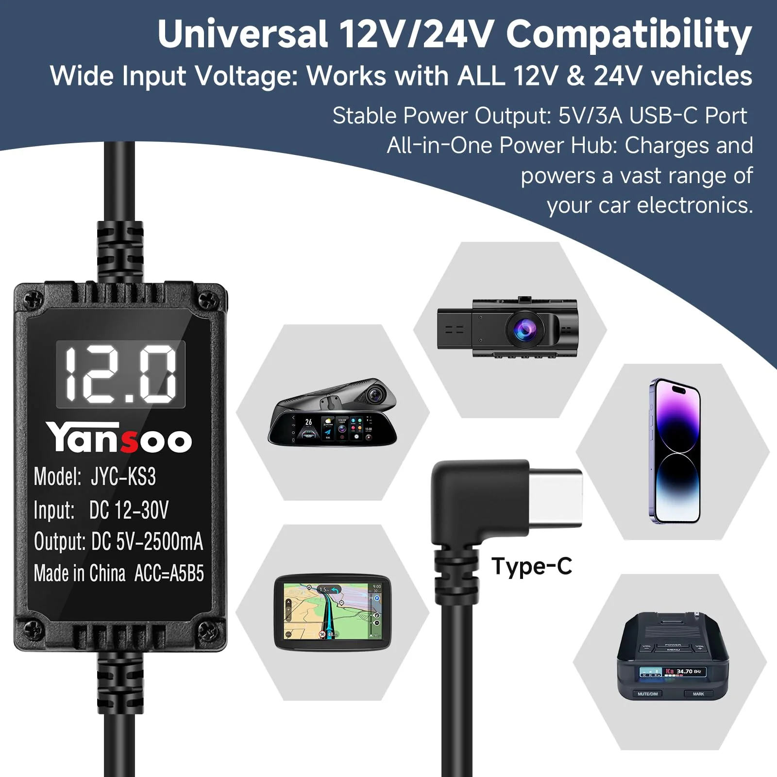 Dash Cam Hardwire Kit with Digital Voltage Display & Adjustable Protection, 12V-24V to 5V/3A, 3-Lead USB-C Hardwire Kit w/Low Voltage Cutoff & 24H Parking Mode, Car Truck SUV KS3 - Image 2