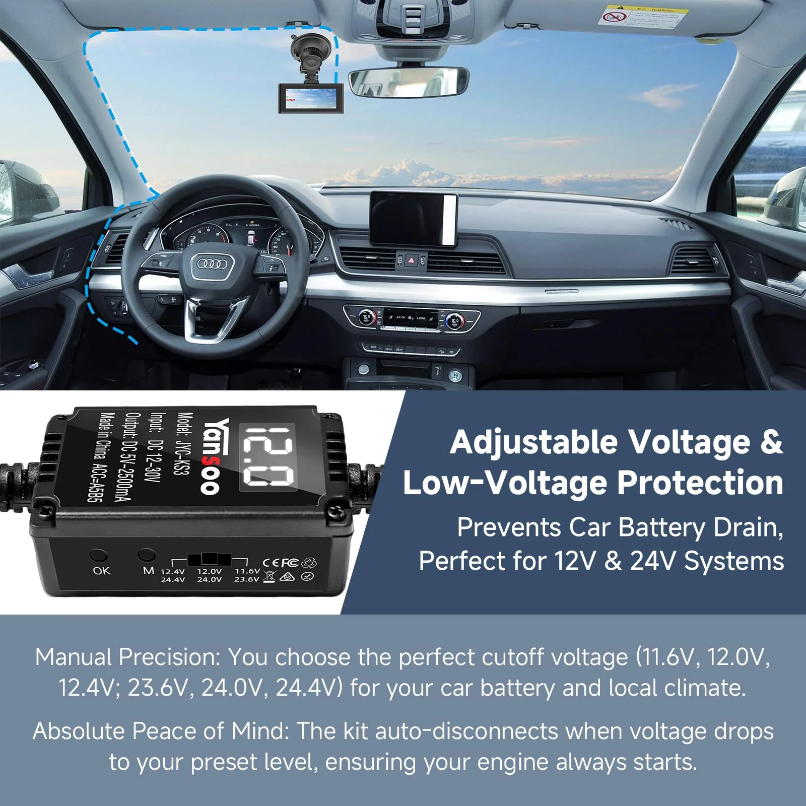 Dash Cam Hardwire Kit with Digital Voltage Display & Adjustable Protection, 12V-24V to 5V/3A, 3-Lead USB-C Hardwire Kit w/Low Voltage Cutoff & 24H Parking Mode, Car Truck SUV KS3 - Image 3
